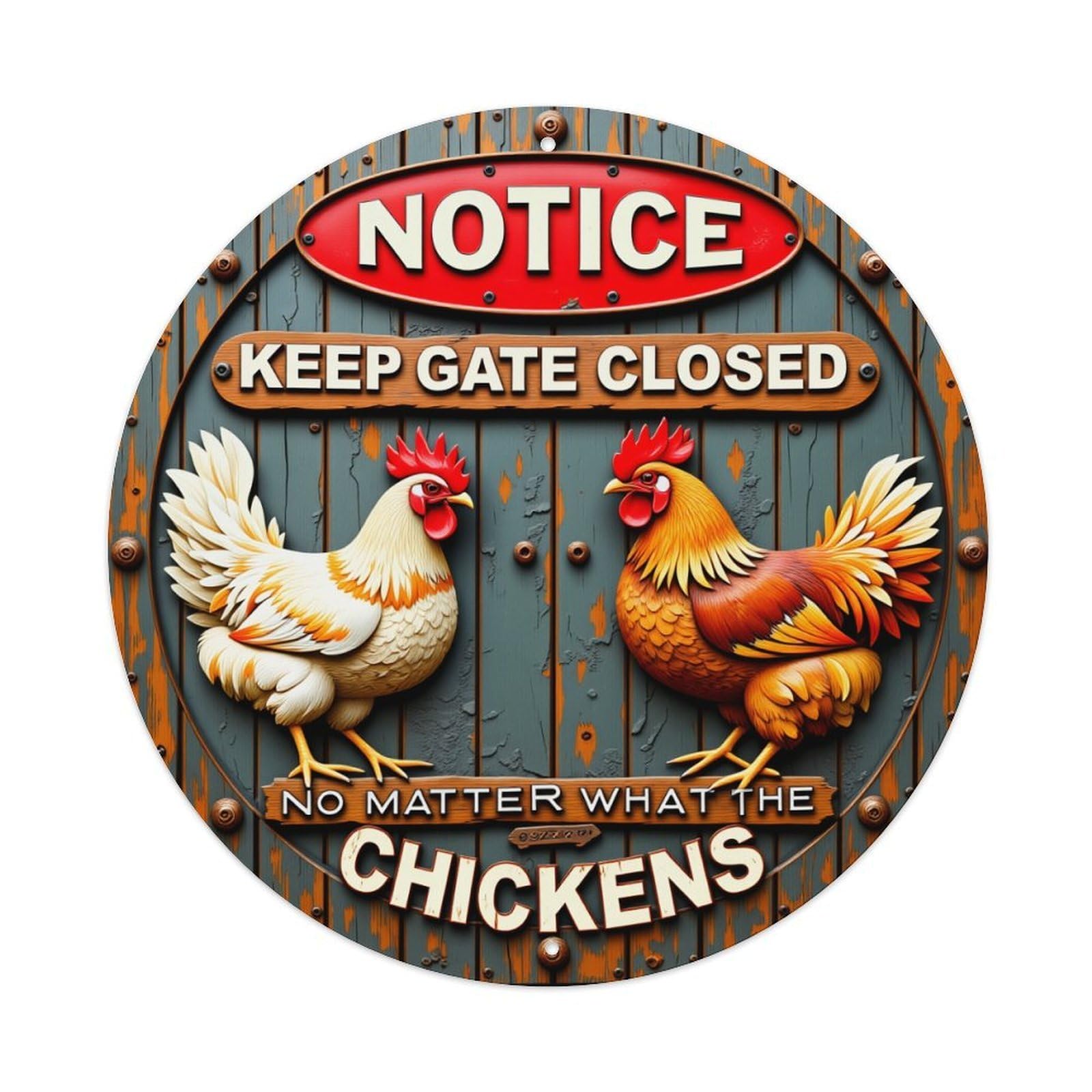 Notice Keep Gate Closed Chickens Round Tin Sign Vintage Metal Poster, Home Bar Garage Man Cave Cafe Indoor & Outdoor Wall Decoration 8x8Inches