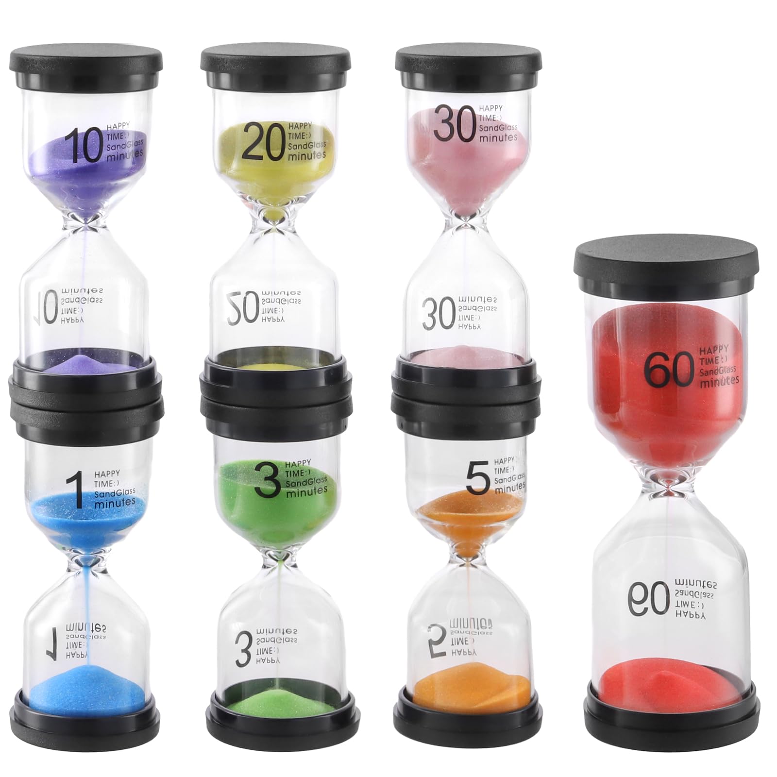 MUKSUET 7 PCS Multi-Color Sand Timers, 1min/3mins/5mins/10mins/20mins/30mins/60mins Rotating Hourglass Timer, Plastic Hourglass for Time Management Kitchen Office Decorations