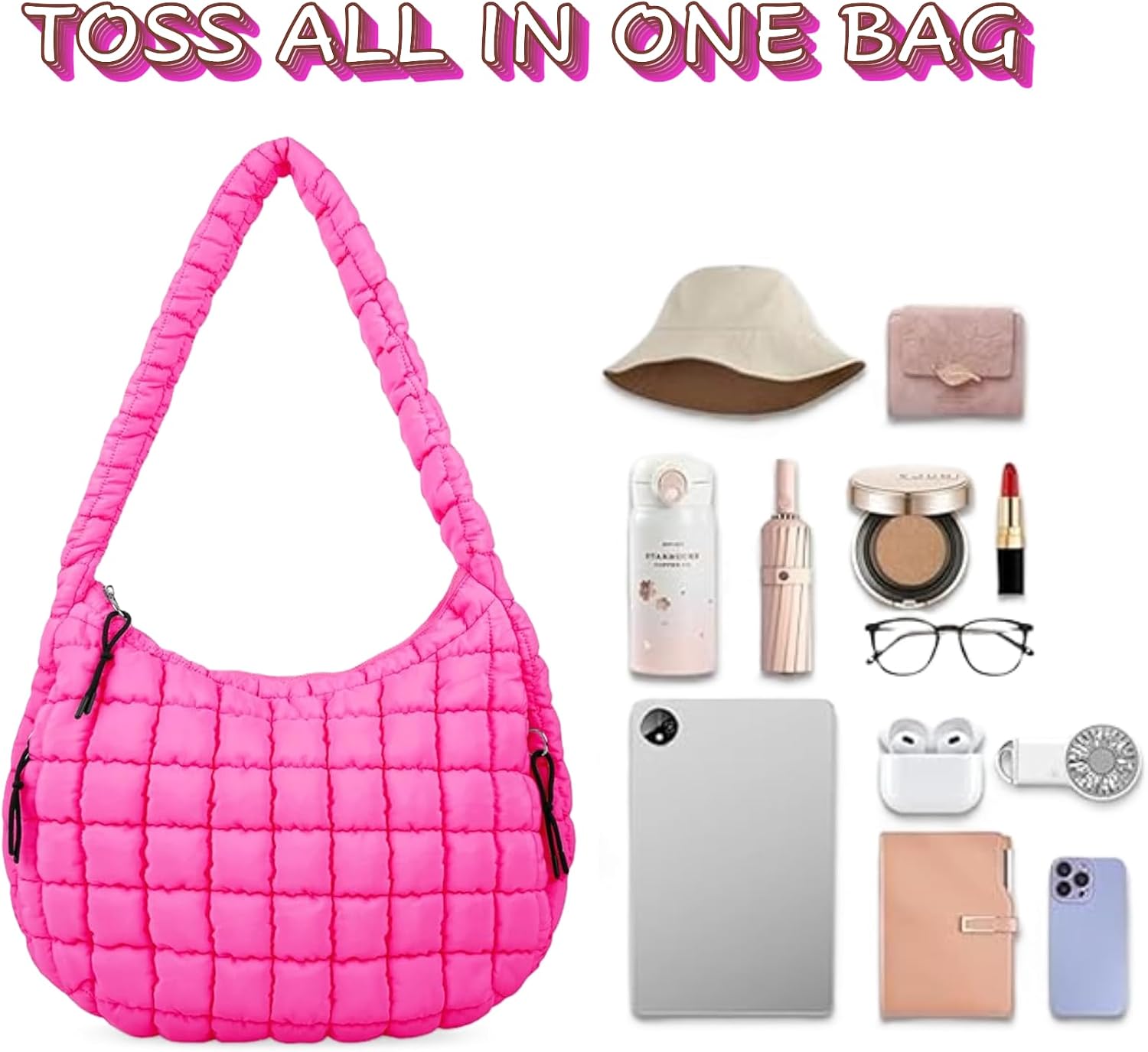 Quilted Puffer Hobo Bag, Large Nylon Crossbody Shoulder Tote, Lightweight Puffy Handbag with Zipper