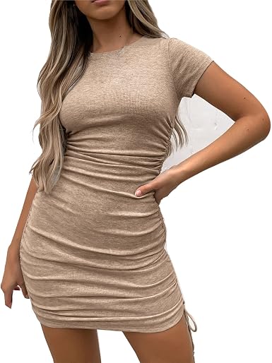 Amazon.com: FIRERO Vestido corto ajustado de manga corta fruncida para  mujer, color liso, casual, básico, ajustado : Ropa, Zapatos y Joyería