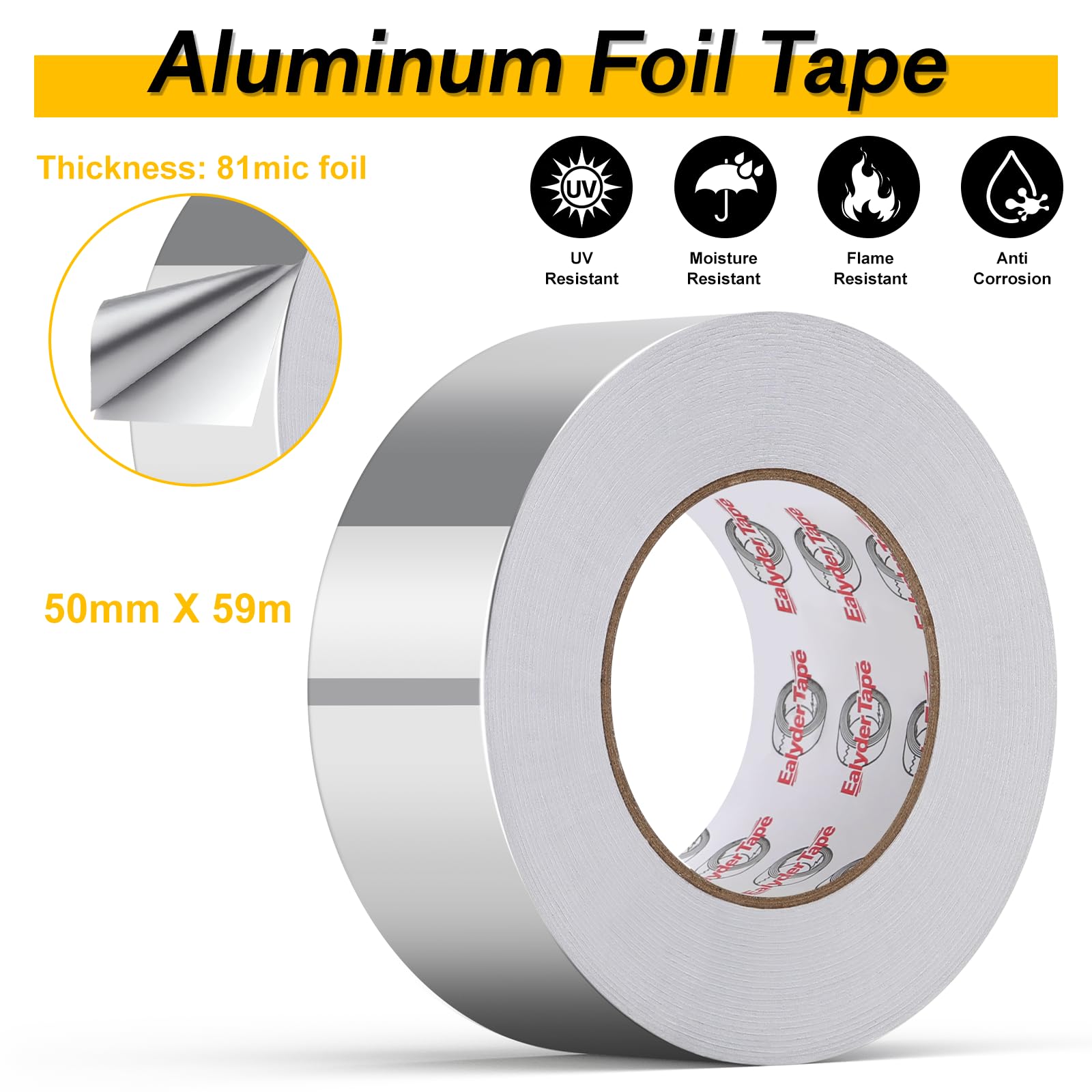 Cinta de Aluminio Selladora para Conductos de Aire 50 mm x 59.5 m, Impermeable, Resiste Vapor y Gas, Altas/Bajas Temperaturas, Robusta, Reparaciones Permanentes