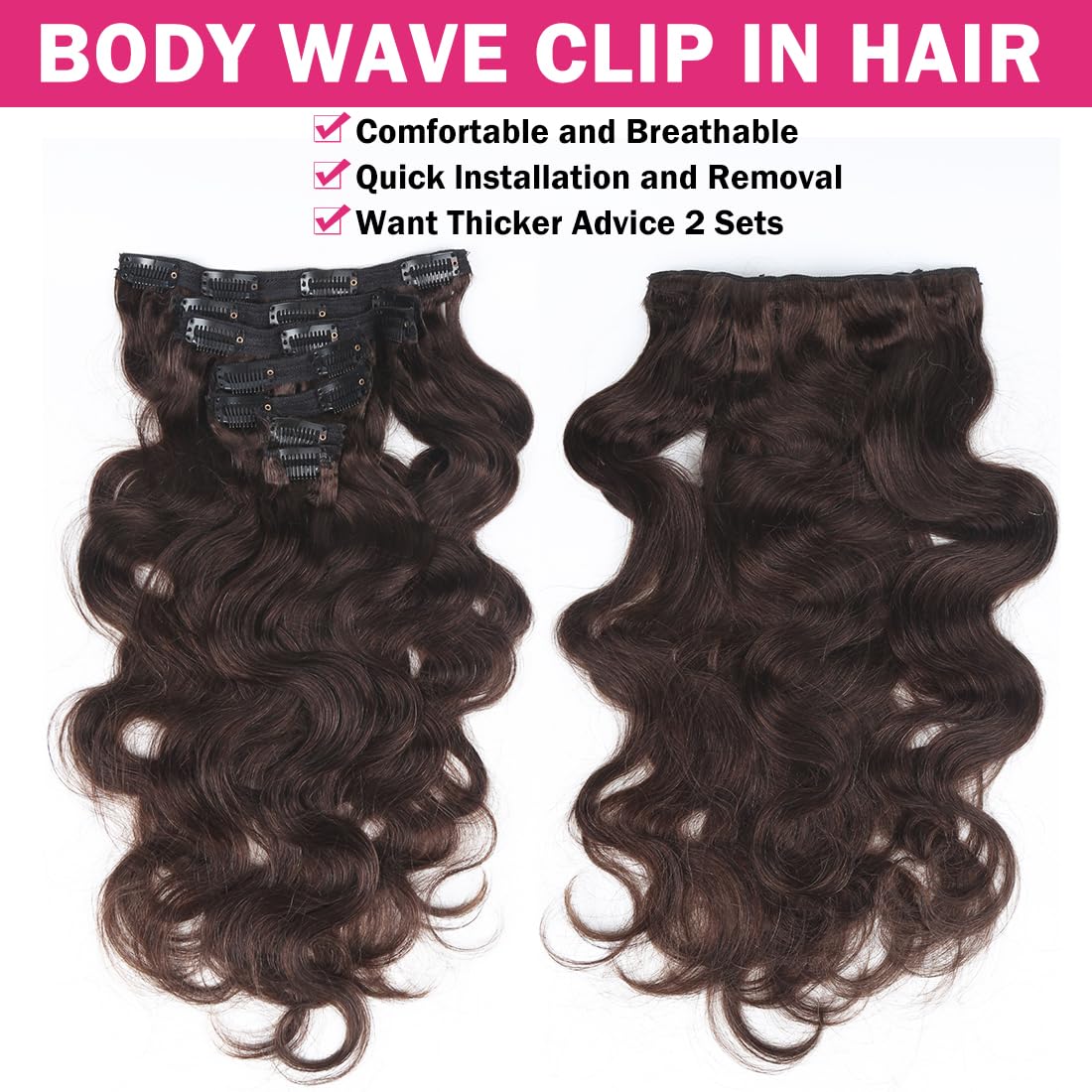 Clip in Hair Extensions Real Human Hair Body Wave Human Hair Extensions for Women 18 Inch Double Weft 7Pcs Clip ins Brazilian Virgin Human Hair Pieces 120g 16 Clips Dark Brown - Image 3