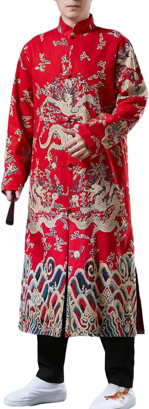 LUZU JUNU Men's Cotton Linen Trench Coat Long Jacket Single Breasted Frog Buttons Double Layer Chinese Dragon Overcoat