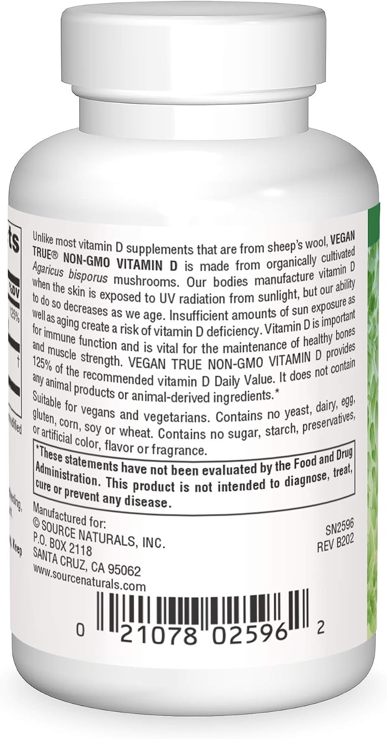Source Naturals Vegan True Non-GMO Vitamin D 1000IU, Immune & Bone Support - 60 Tablets
