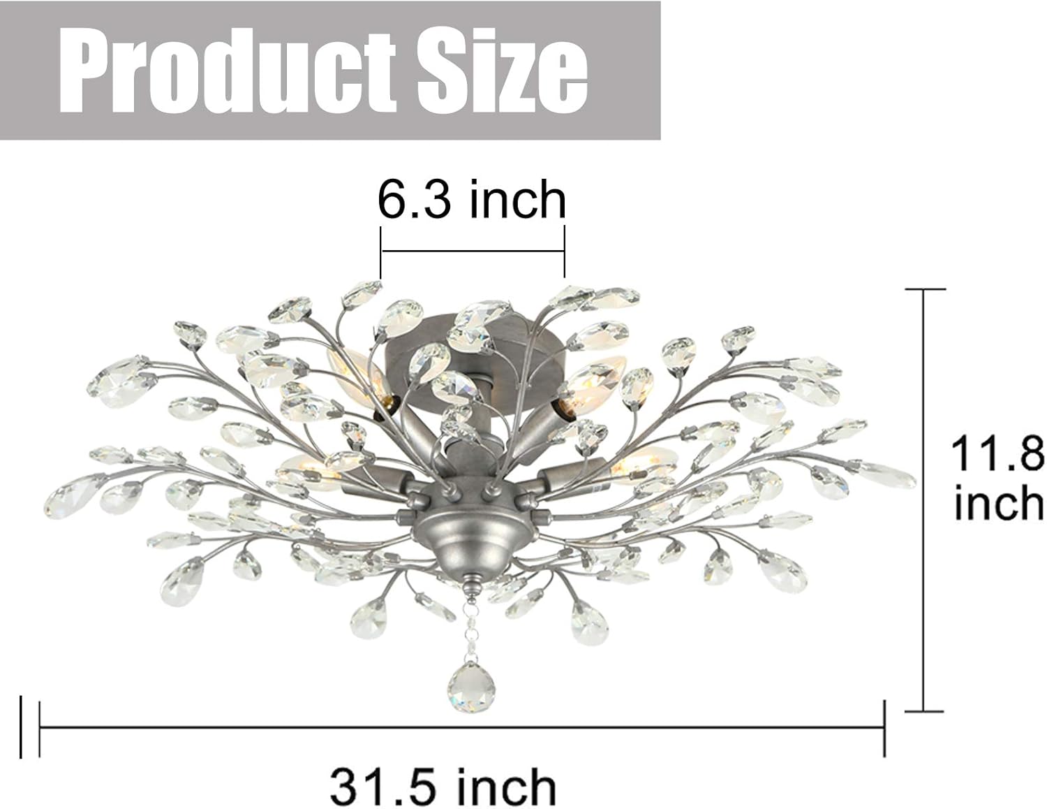 Black Friday Sale 2022 SEOL-Light Vintage Large Crystal Branches Chandeliers Close to Ceiling Light Flush Mount Fixture with 5 Light 200W Sliver Grey for Bedroom,Entryway,Living Room,31.5Dia