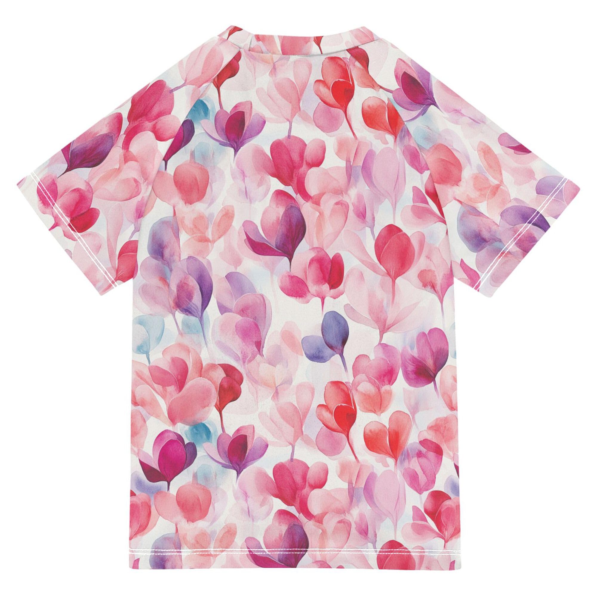 Watercolor Red Flowers Boy Bathing Suit Short Sleeves Active Tees Swimwear Beach Tops 3T