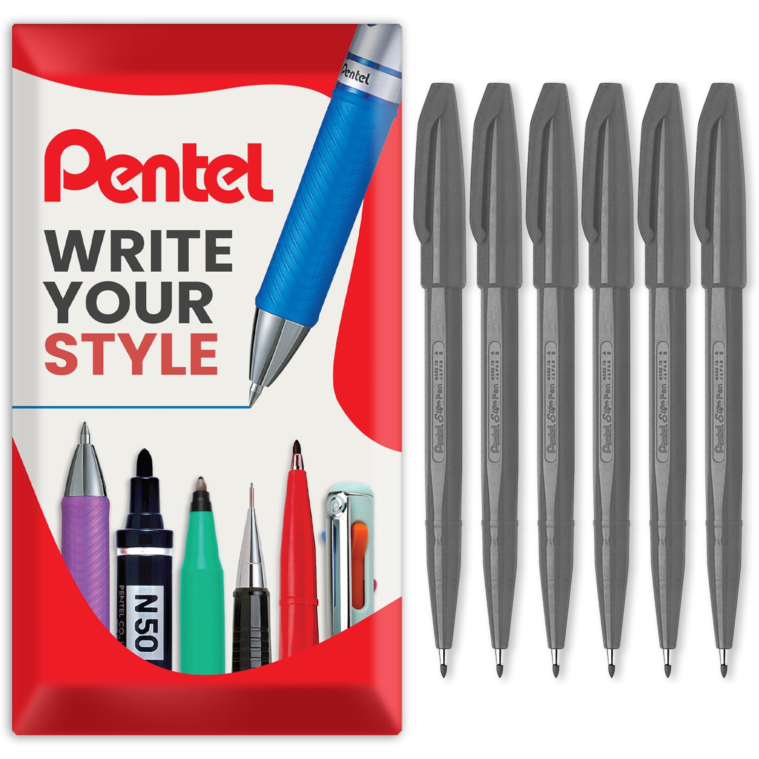Pentel S520 Original Sign Pen Fibre Tip Marker Fineliner Pens - 2mm Nib - 1mm Line - Grey Ink - Pack of 6 in Envelope Gift Packaging