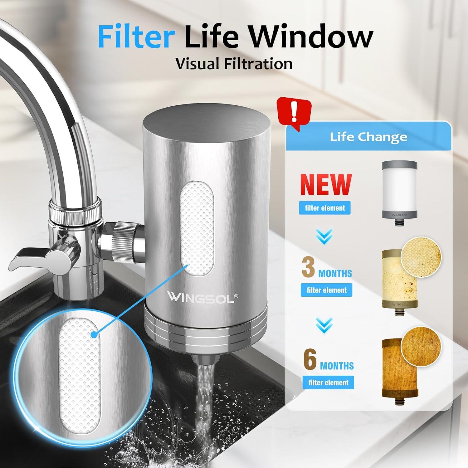 WINGSOL Visible Window Faucet Water Filter Stainless Steel, 360° Rotating Water Filter for Sink Faucet, NSF/ANSI 42&53, 350 Gallons Capacity, Reduces PFAS, Lead, Chlorine & Microplastics