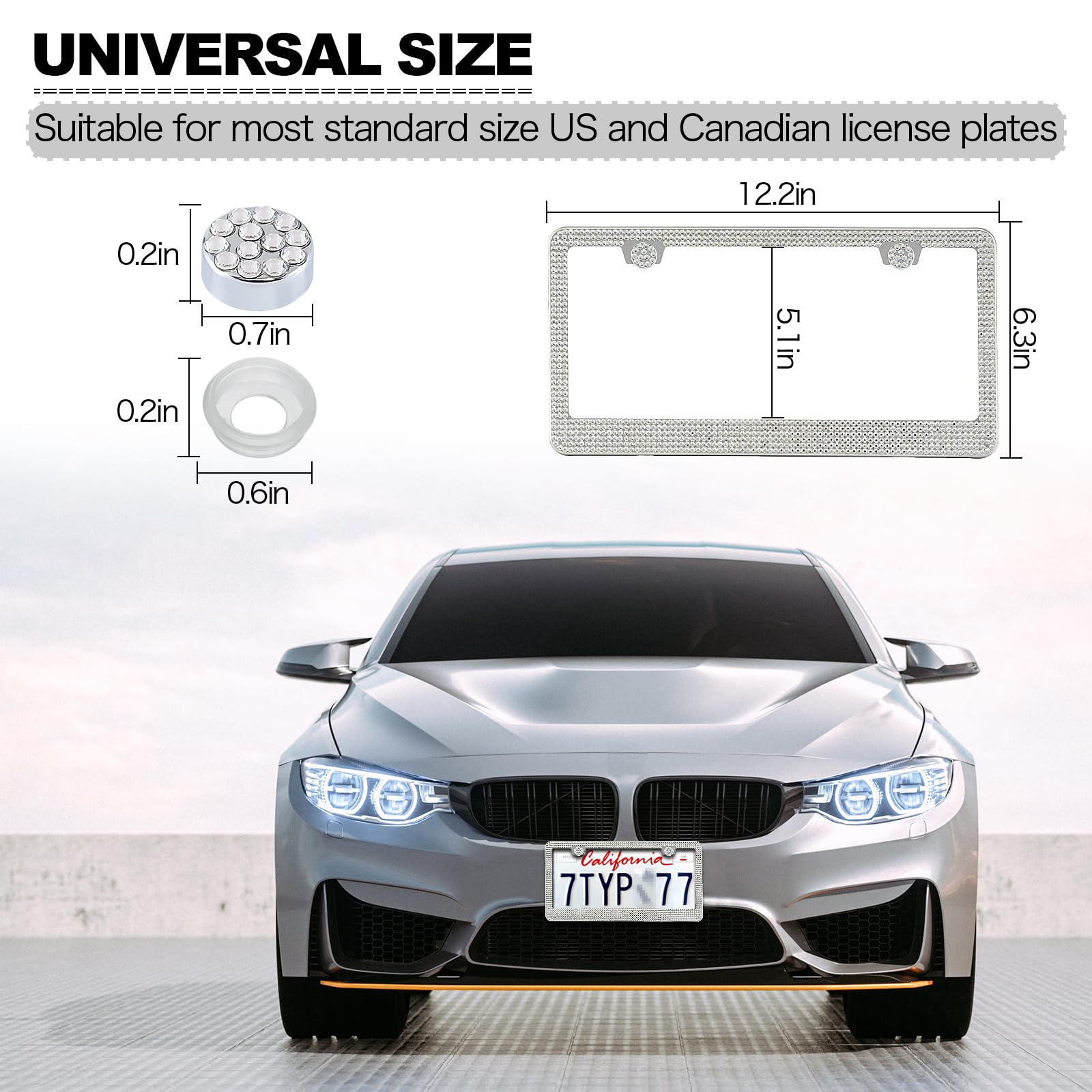 Runone 2 Pack Bling License Plate Frame for Women Sparkly Rhinestone Stainless Steel License Plate Holder Car Accessories — view 5