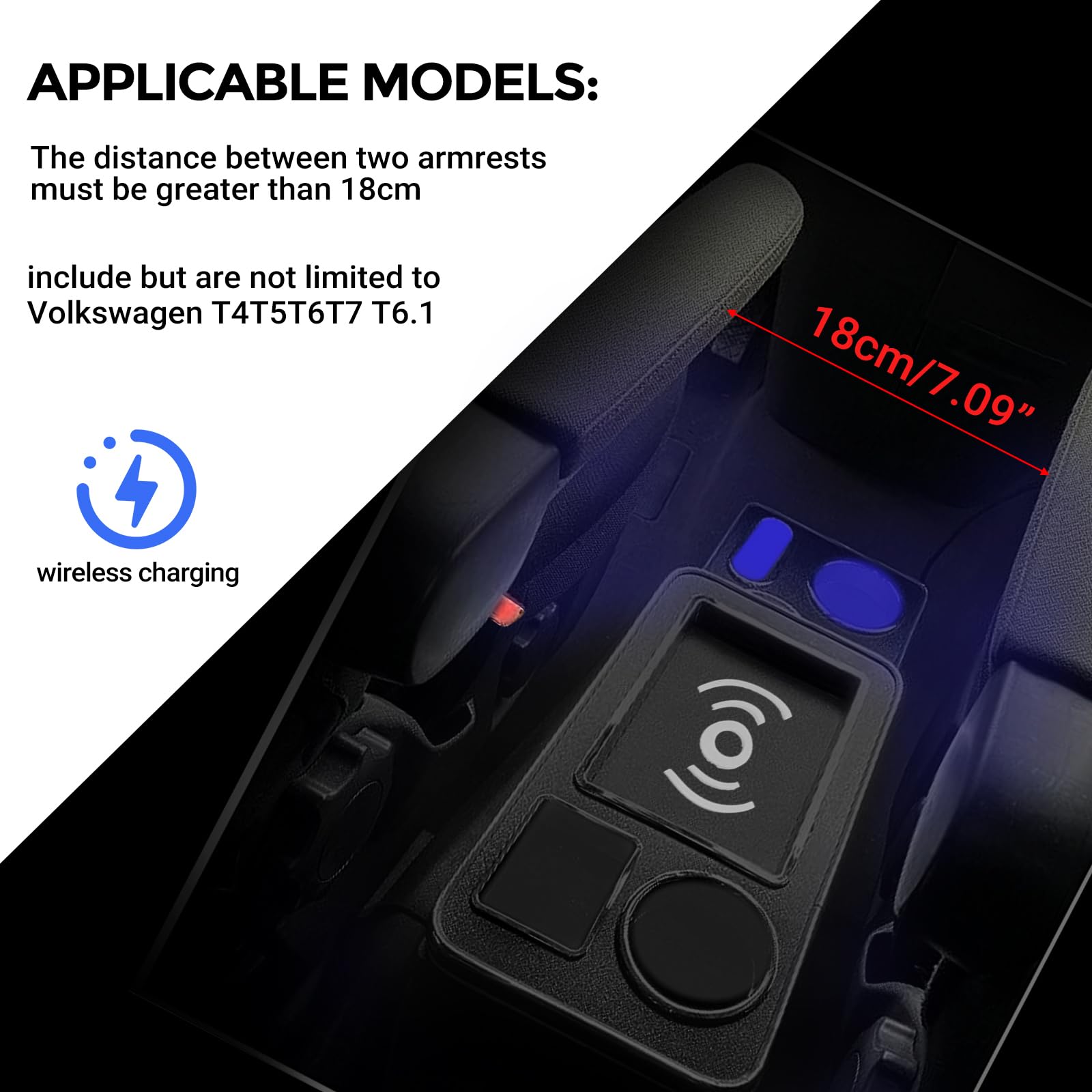 Console Centrale per T4 T5 T6 T6.1 T7, Scatola Portaoggetti Universale per Bracciolo Aggiornata con Vano Portaoggetti, Porte di Ricarica Usb e Luci a Led, con Funzione di Ricarica Wireless