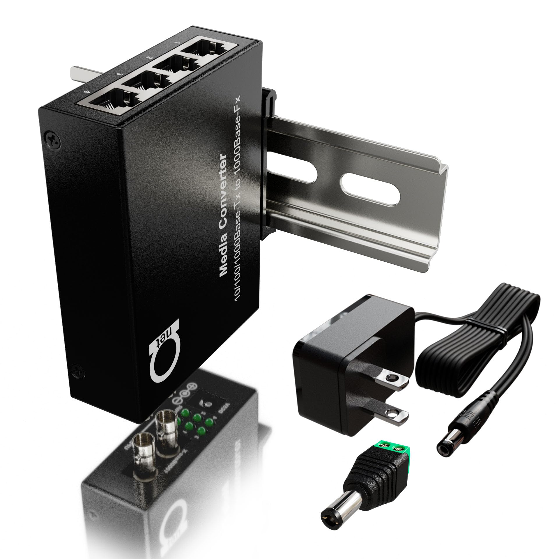 DIN Rail ST Multimode Fiber Media Converter & Gigabit Ethernet Switch – 1x 850nm Optic + 4X RJ45 10/100/1000Mbps, Compact 26mm, USB/DC/AC Powered, UL