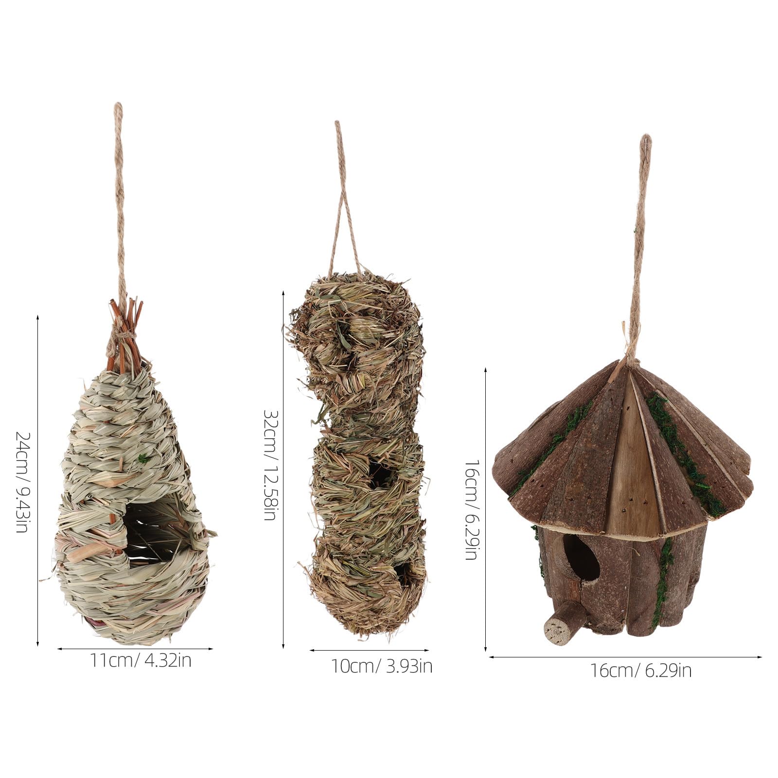Zerodeko 3 Casitas Colgantes para pájaros de Exterior, Casitas Decorativas de Madera para pájaros, nidos pequeños de Hierba Marina, Refugio para Canarios, petirrojos y gorriones en el jardín.