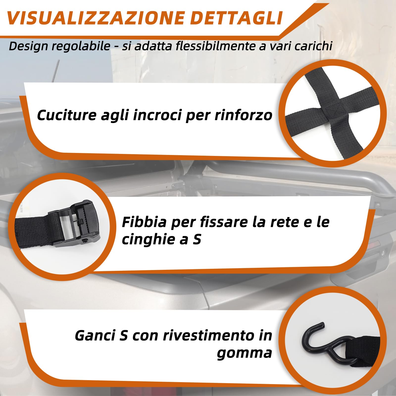 Rete carico 208x127cm – regolabile, 4 ganci & cinghie, per Ducato/Boxer/Jumper