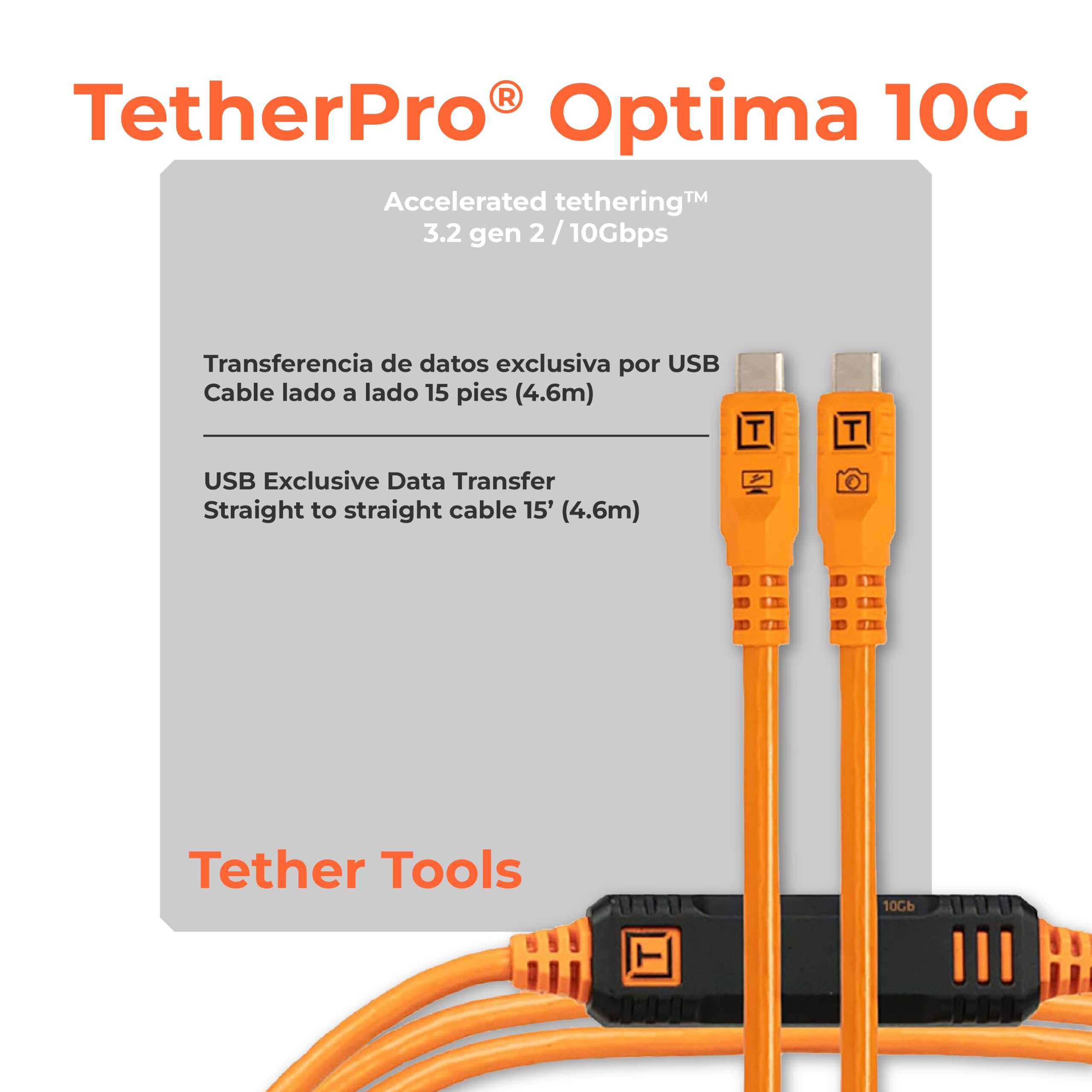 Tether Tools TetherPro USB-C Optima 10G gerade orange 4,6m | Gerade auf gerade, TetherBoost-Signaltechnologie, sofortige Kameraerkennung, 10 Gbit/s schnelle Datenübertragung