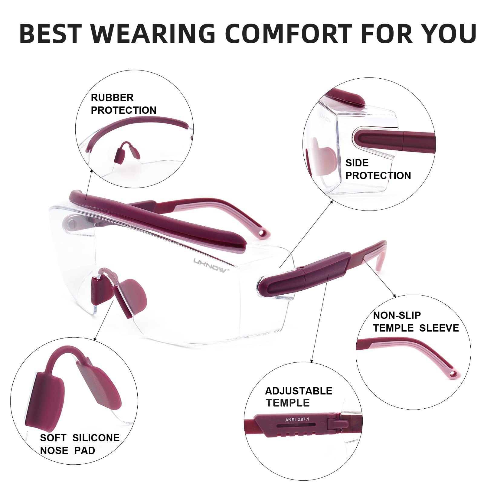 UKNOW Gafas de Proteccion, Gafas de seguridad sobre gafas anti niebla, lente envolvente transparente antiarañazos, gafas protectoras ANSI Z87.1