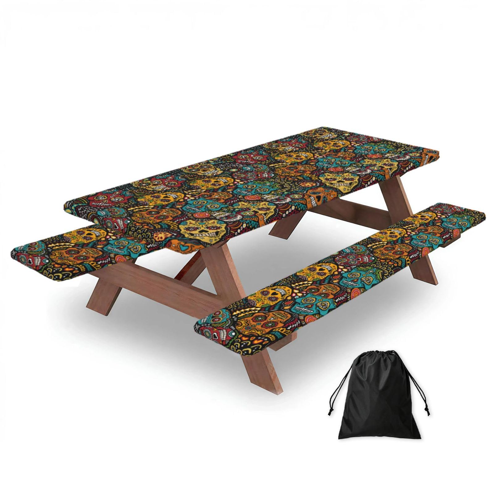Yqxwjl Black Sugar Skulls Print Print Camping Essentials Waterproof Camping Table And Bench Cover With Drawstring Bag 183 Cm