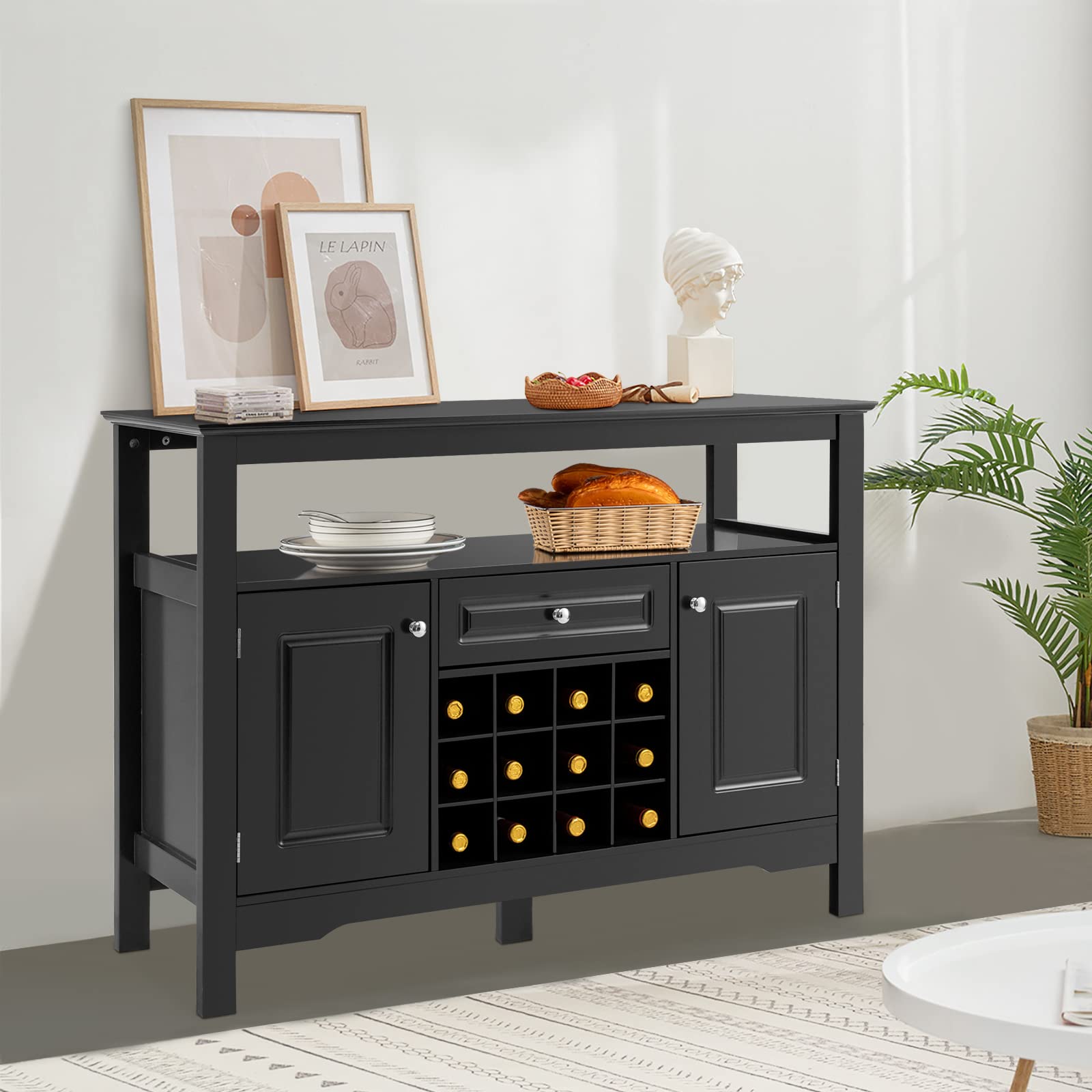 GYMAX Mobile Portabottiglie, Mobile da Buffet, Credenza con Cassetti e Armadietti, Scaffale per 12 Bottiglie in Legno, Ripiano Superiore Aperto, Mobile per Esposizione di Vini (NERO)