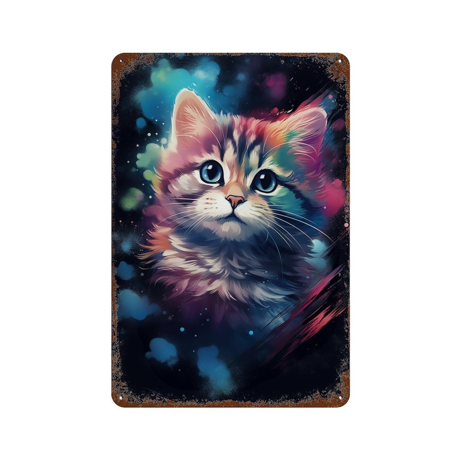 Colorful Kitten Painting Artwork 11.8"x7.9" Vintage Rust Metal Sign, Novelty Wall Decor for Living Room, Hallway And Home Decor