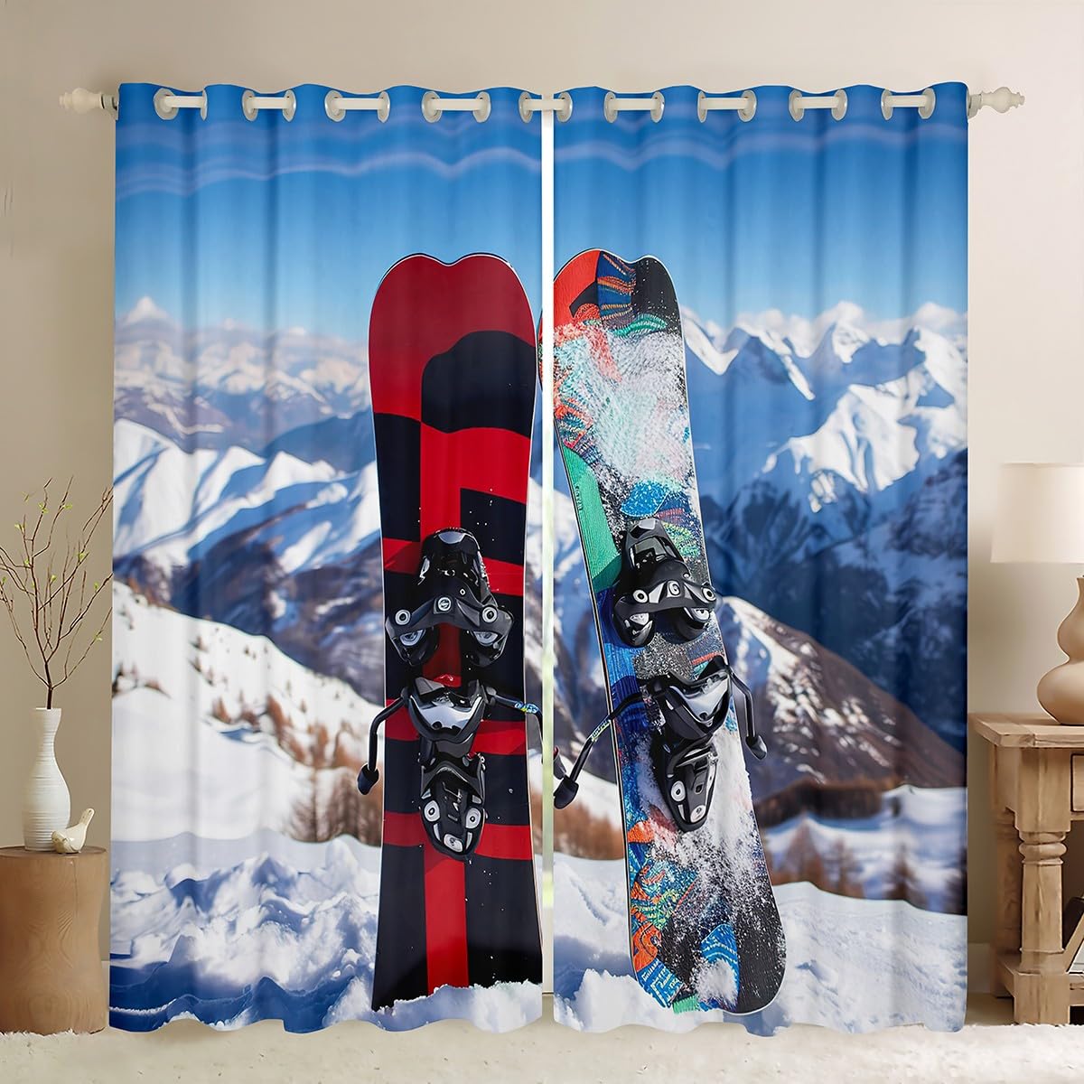 Manfei Snowboard Window Curtains Snow Mountain Print Window Drapes for Kids Boy Girls Room Decor, Winter Sports Theme Window Treatments, Grommet Top 2