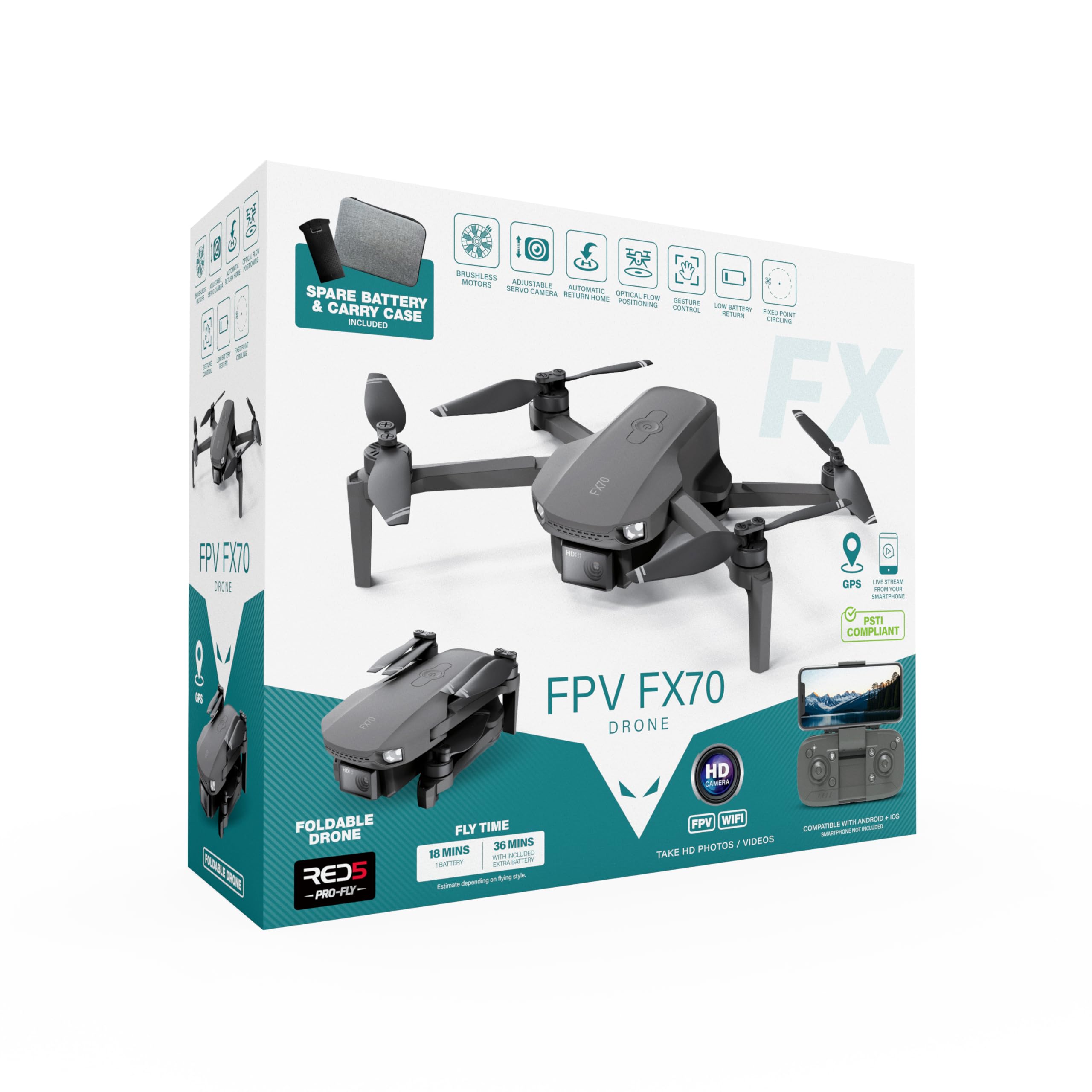 RED5 FX70 HD FPV Wi-Fi Secure PSTI Foldable Remote Control Quadcopter Drone, Black