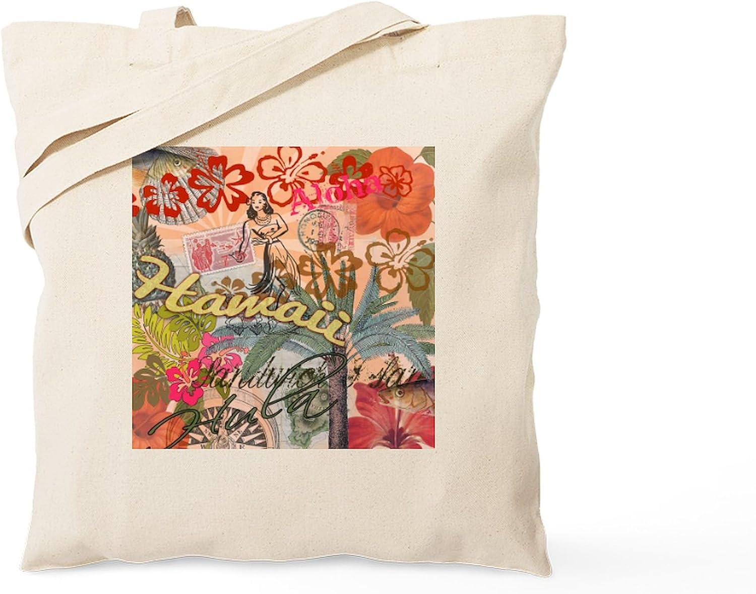 CafePress Vintage Hawaii Travel Colorful Hawaiian Tropical T Natural Canvas Tote Bag, Reusable Shopping Bag
