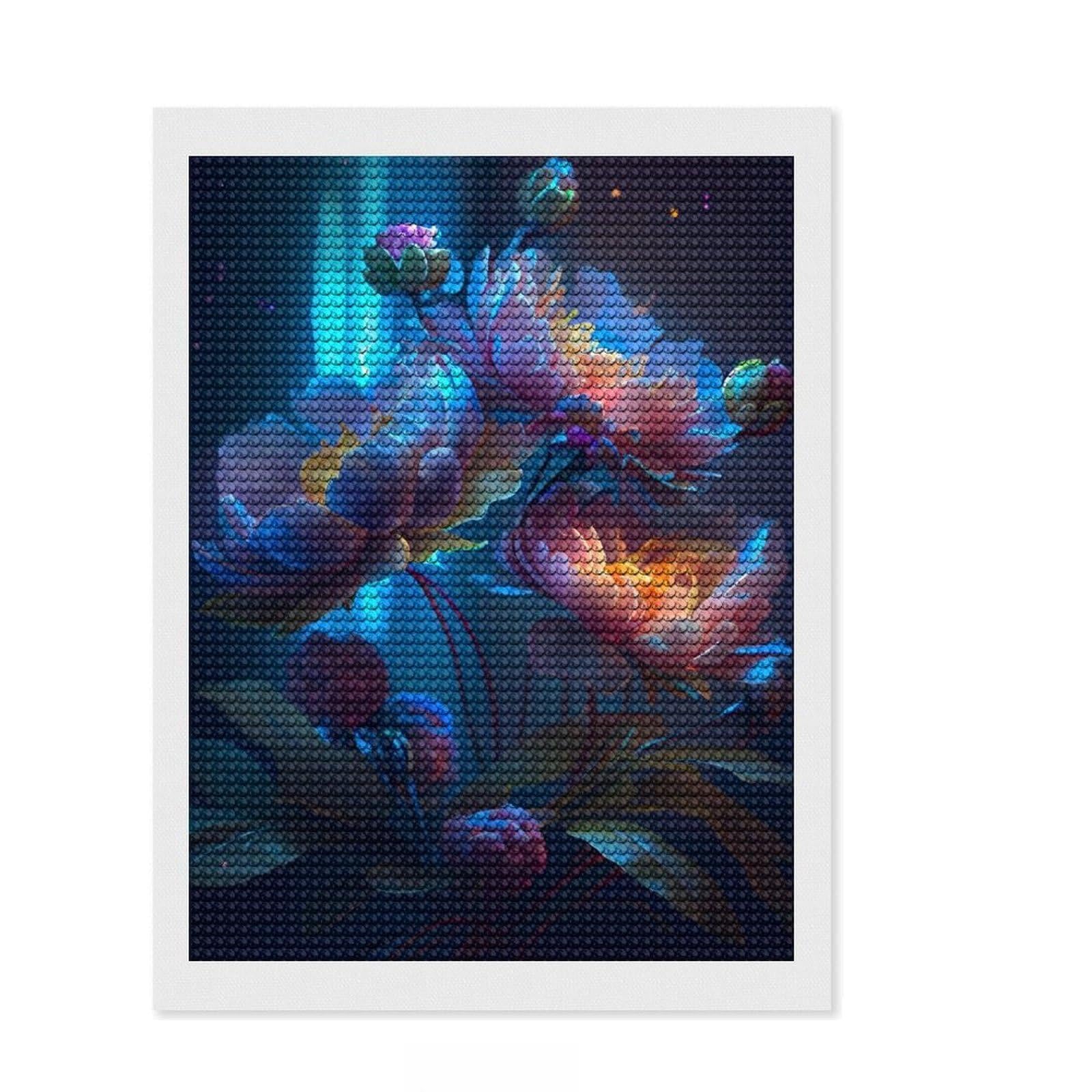 Junmoney Blue Night Flower DIY Diamond Art Canvas Kit 12"x16", Full Kit Included, Easy to Follow Symbols, Modern Decor, Holiday Gift Idea