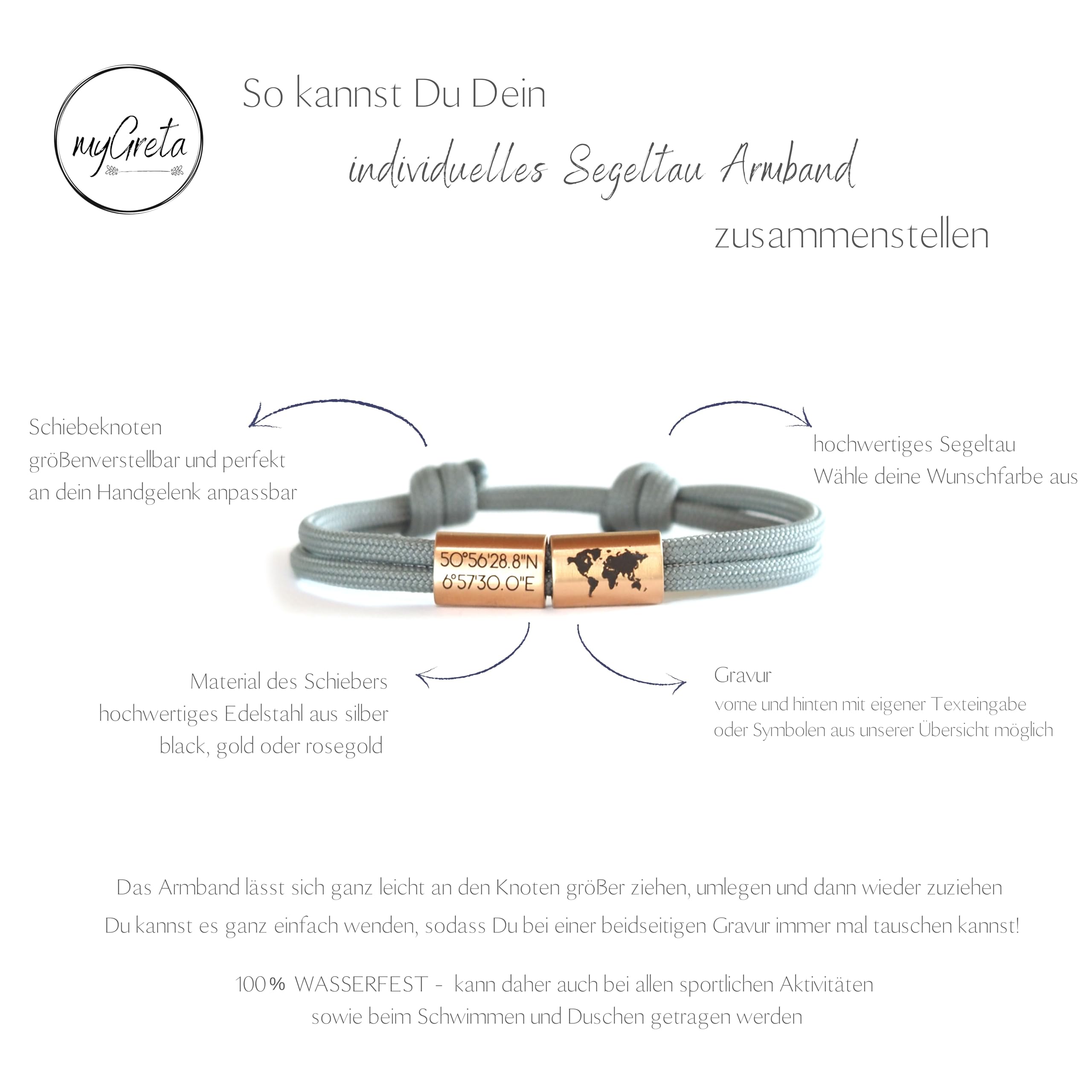 Reisearmband Personalisiert mit Gravur aus Edelstahl und Segeltau | Personalisierbar mit Text & Motiven, Edelstahl & Nylon, verstellbar, Unisex, handgefertigt, Erinnerung, Abenteuer, Weltreise