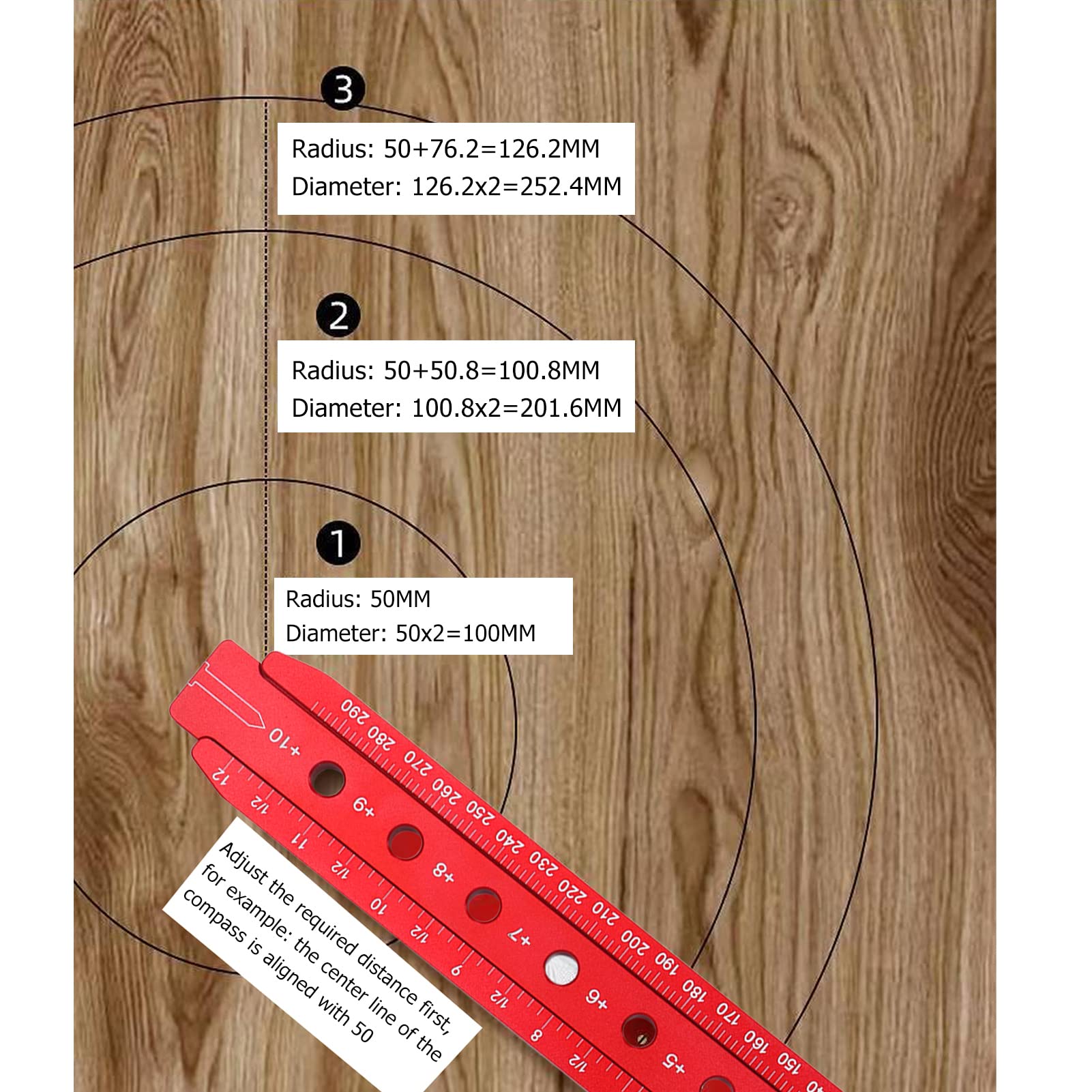Brújula para carpintería, regla circular de dibujo ajustable de aleación de aluminio de precisión profesional, calibre de marcado de punto fijo de doble escala, herramienta para trazar madera para c