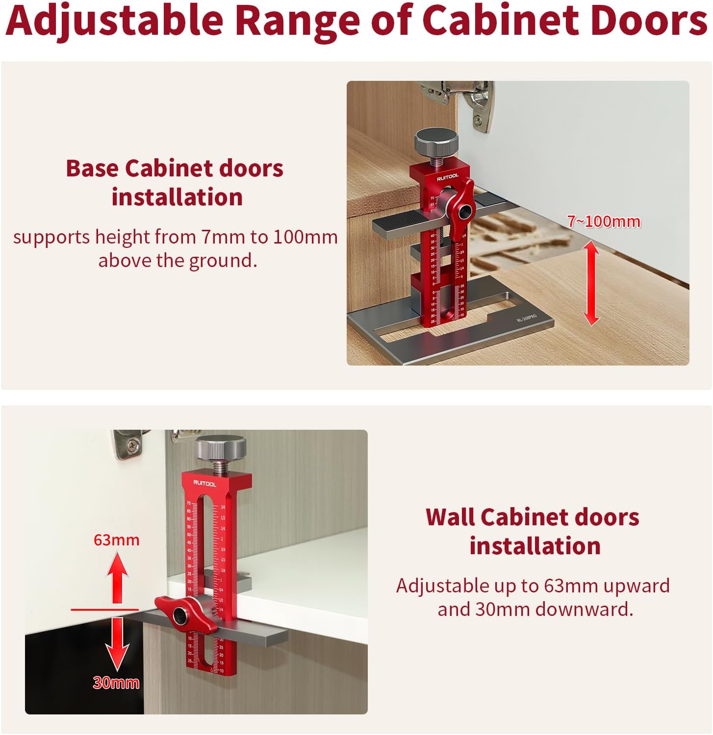 RUITOOL Upgrade 3-in-1 Cabinet Door Mounting Jig with Support Base, Installation Tool for Frameless or Face Frame Cabinet Doors, Adjustable Aluminium Alloy Hardware Jig for Wall and Base Cabinets - Image 6