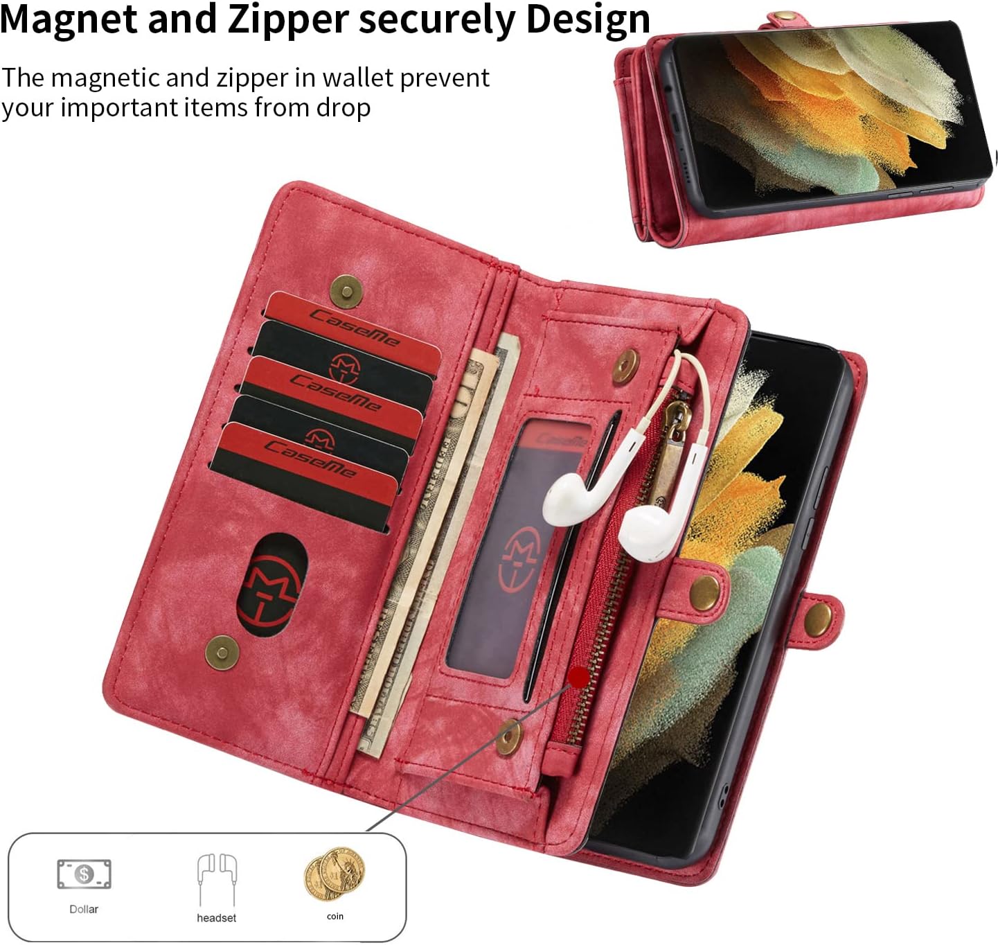 JGY Samsung S23 Leather Wallet case,Samsung S23 Detachable Magnetic case with Zipper Pocket Card Holder S23 Full Cover Shockproof Detachable Wallet case for Women Men (Red)