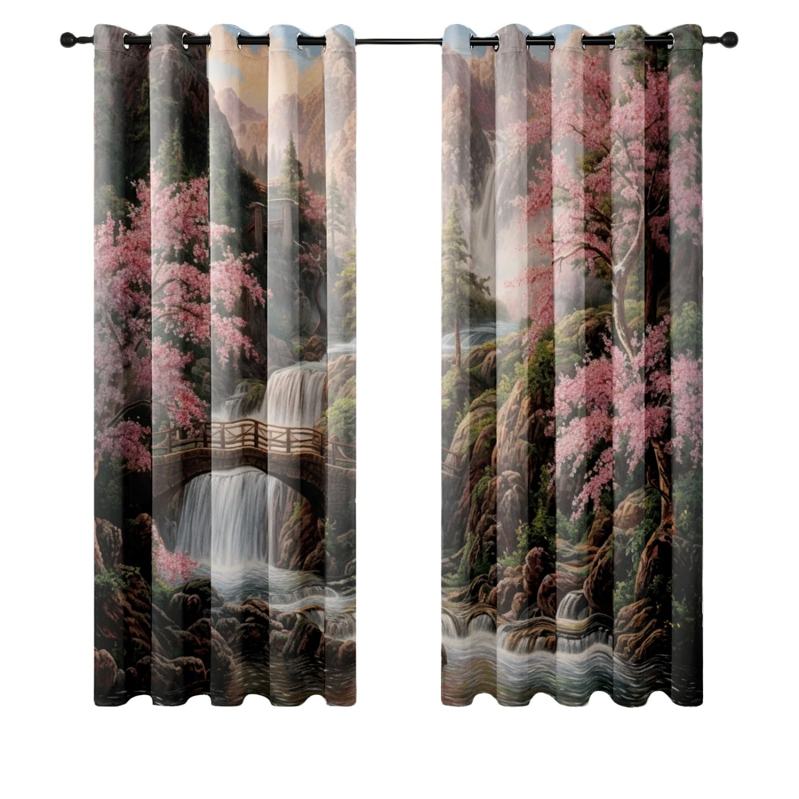 Curtain Braun Berg Rosa Gardinen Polyester Vorhang mit Ösen Blackout Curtain Waschbar Vorhänge mit Ösen Living Room Thermovorhang Schlafzimmer Verdunklungsvorhänge Blickdicht 2x140x160cm