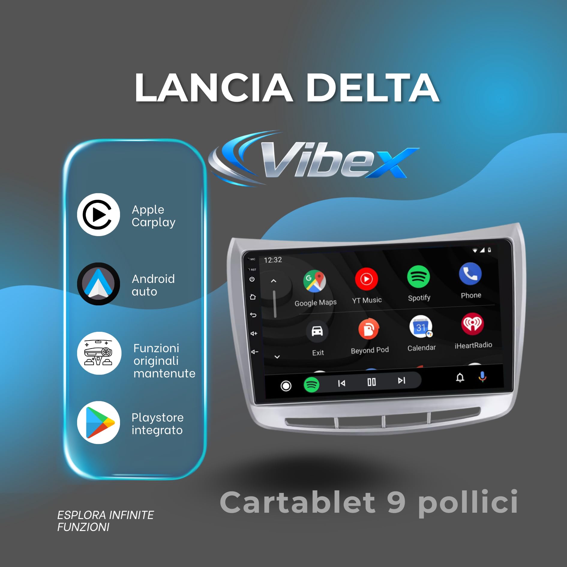 VIBEX Autoradio 9 Pollici per Lancia Delta 2008-2014 con Wireless CarPlay e Android Auto, Touchscreen HD, Navigatore GPS, Bluetooth, WiFi,USB, Comandi al Volante (Originale senza Navigatore)