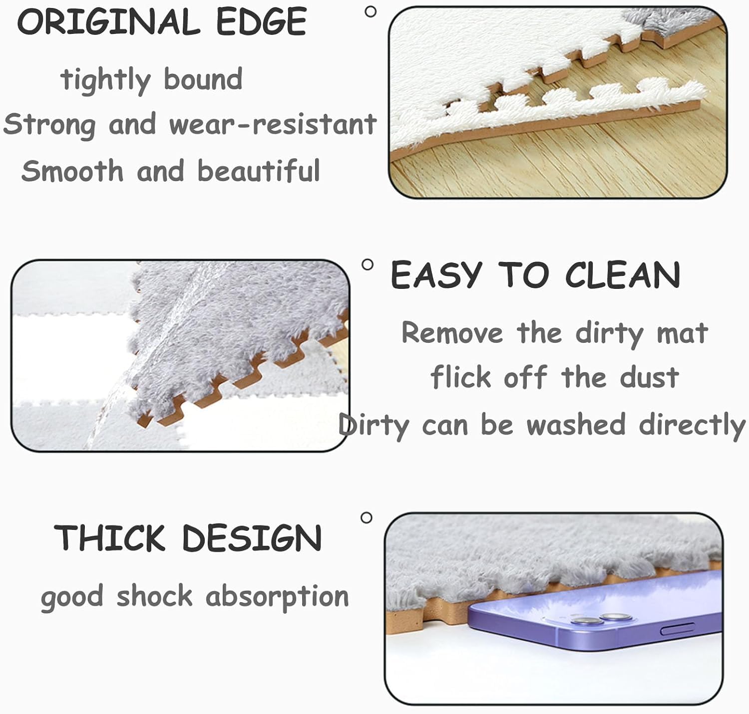 Ineinandergreifende Plüschschaum-Bodenmatte, DIY-schneidbarer quadratischer Schaumstoff-Puzzleteppich, weiche, rutschfeste Klettermatte(White+Light Coffee+Gray,30pcs)
