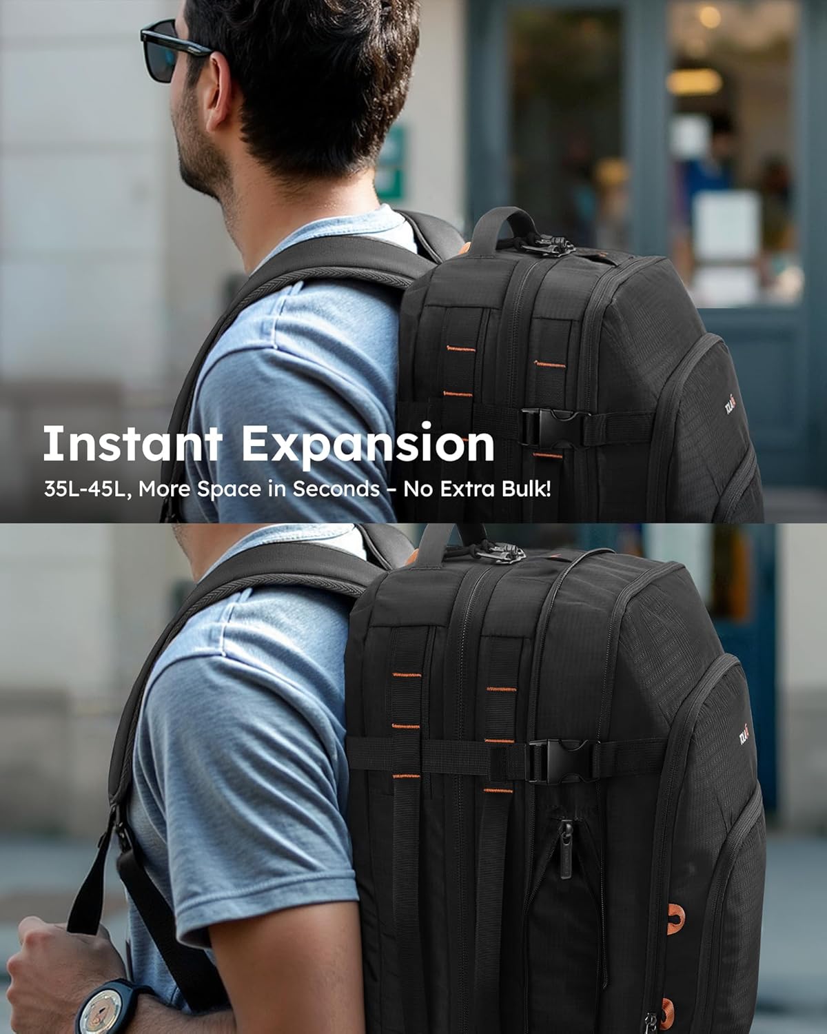 Tolaccea Travel Backpack, TSA Friendly Flight Approved Carry-on Luggage Water-resistant Business Rucksack, Durable Large Computer Bag Daypack Fits 15.6 Inch Laptop, 35-45L Expandable – Black