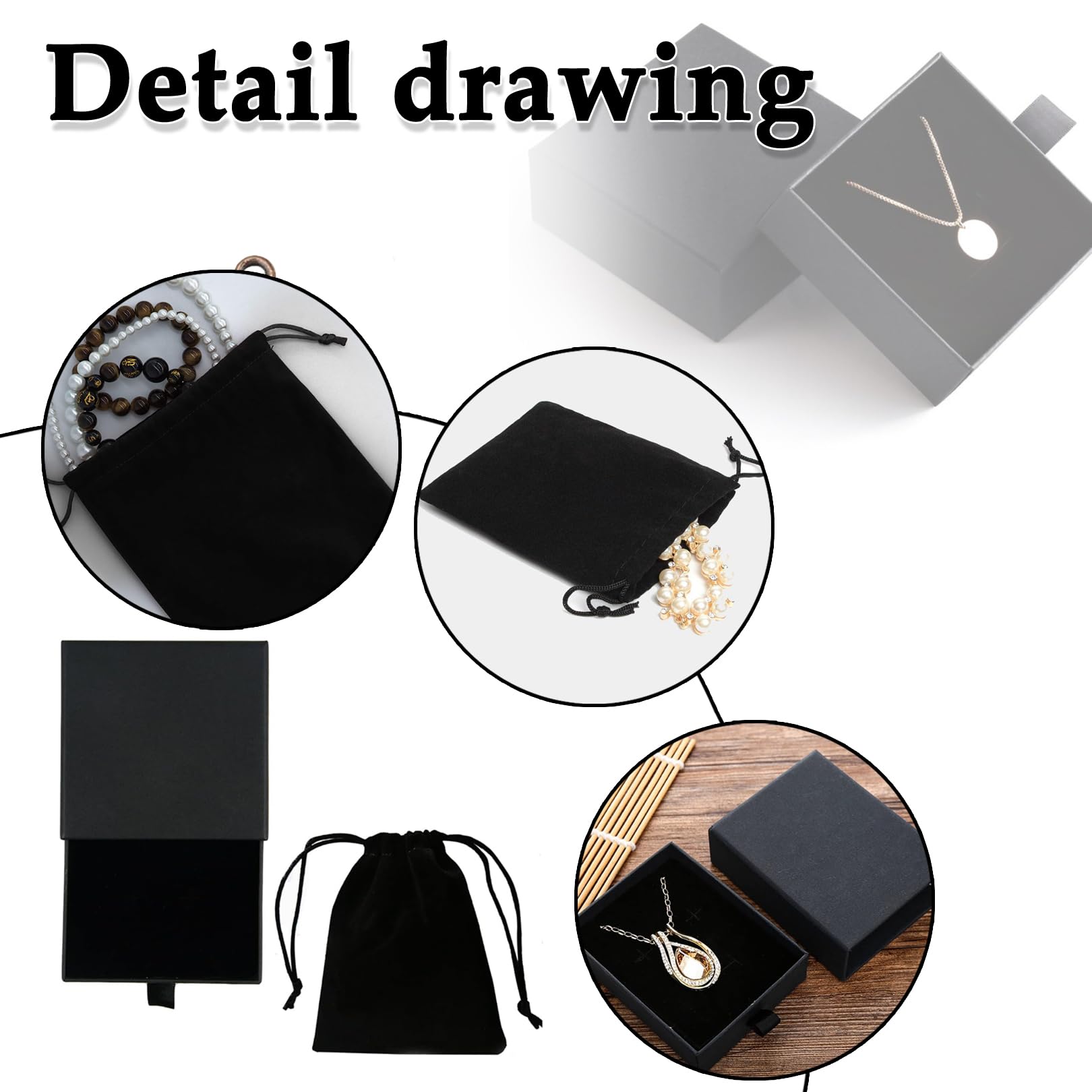 Scatola Portagioielli Quadrata Con Sacchetto In Velluto | Custodia Da Viaggio In Carta Per Collane, Bracciali E Orecchini | 8,3x8,3 Cm | Colore Nero