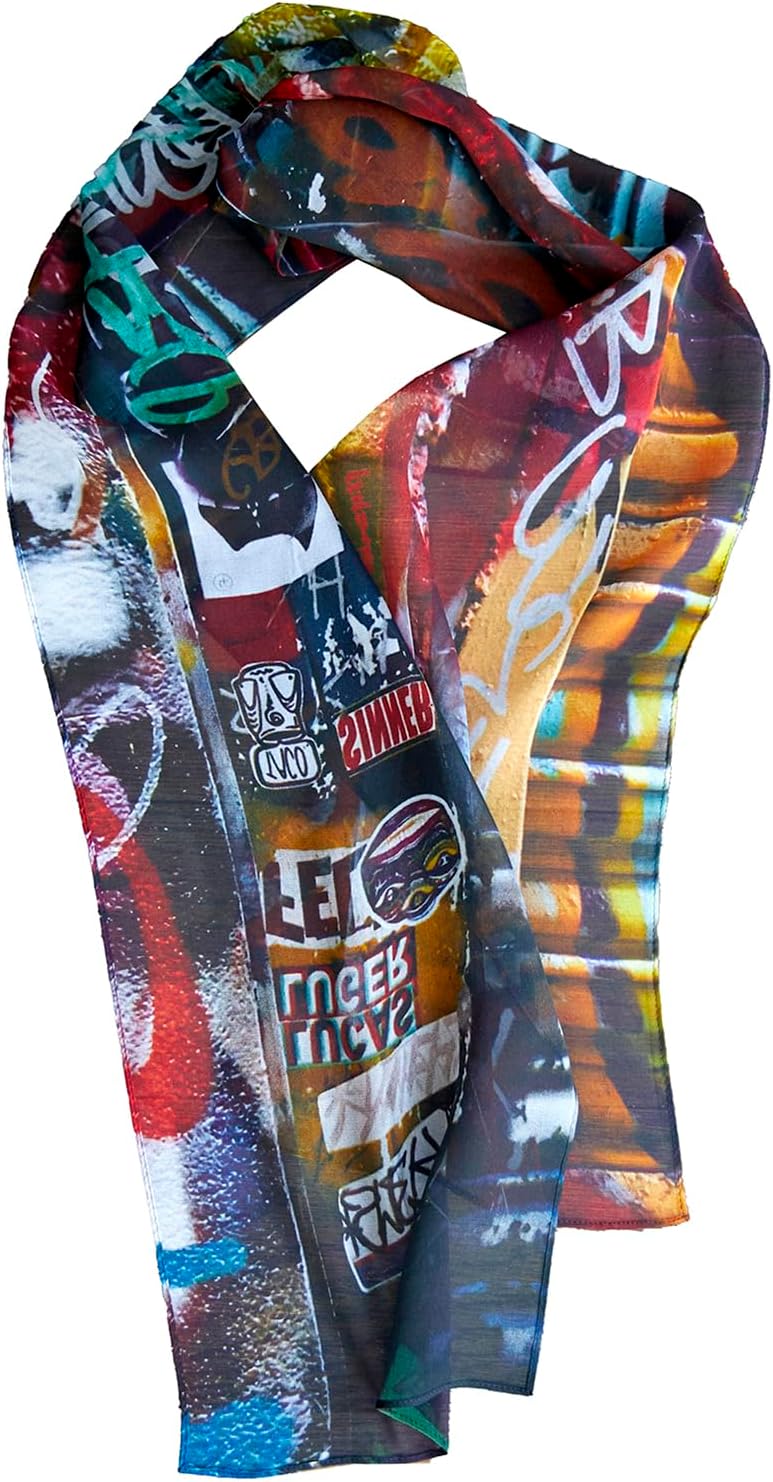 Silk Georgette Scarf, 9″ x 63″, Graffiti Print, 100% Silk