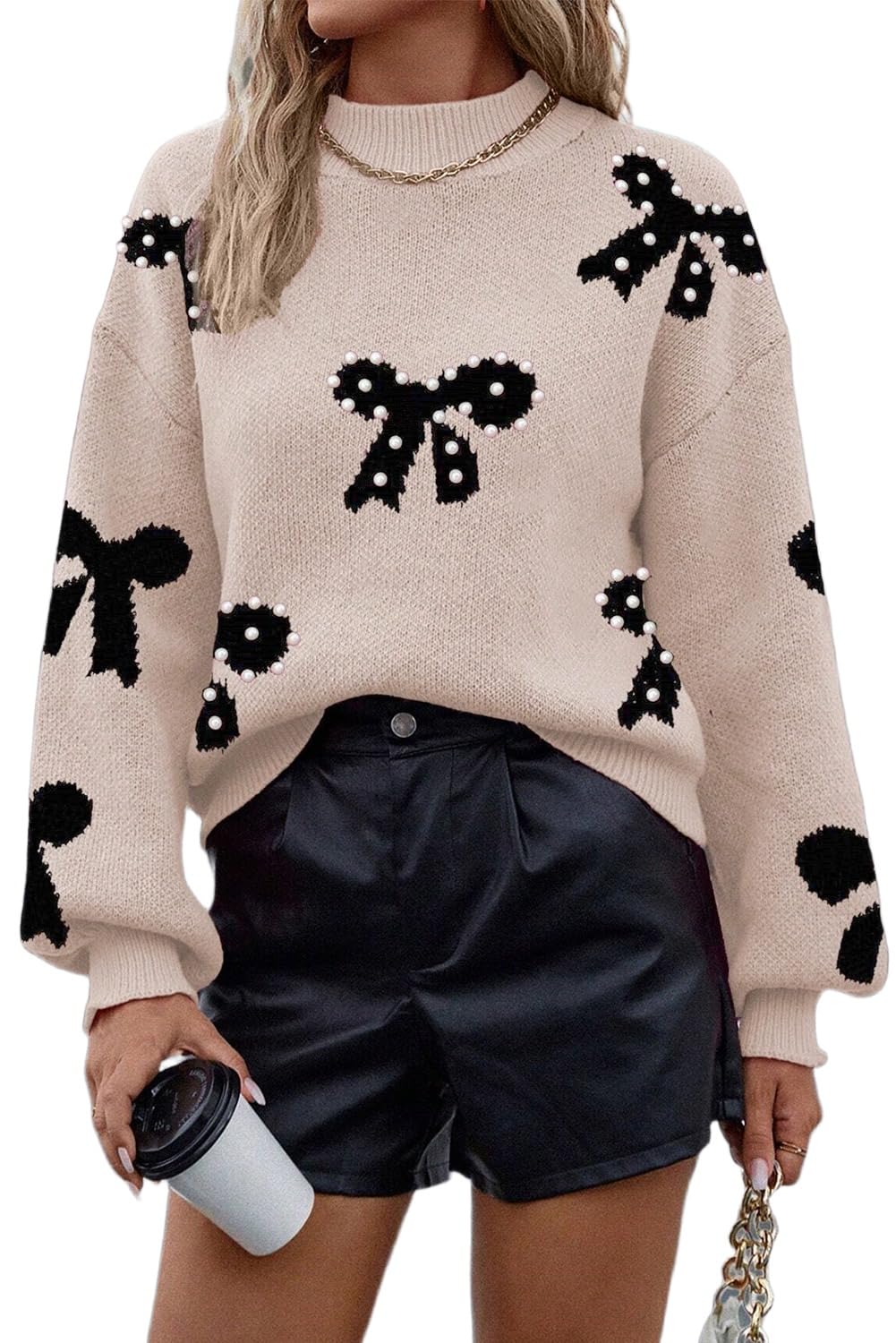Apvirdy Womens Pearl Embellished Bow Sweater Long Sleeve Mock Neck Sweater Casual Loose Ribbed Trim Pullover Tops