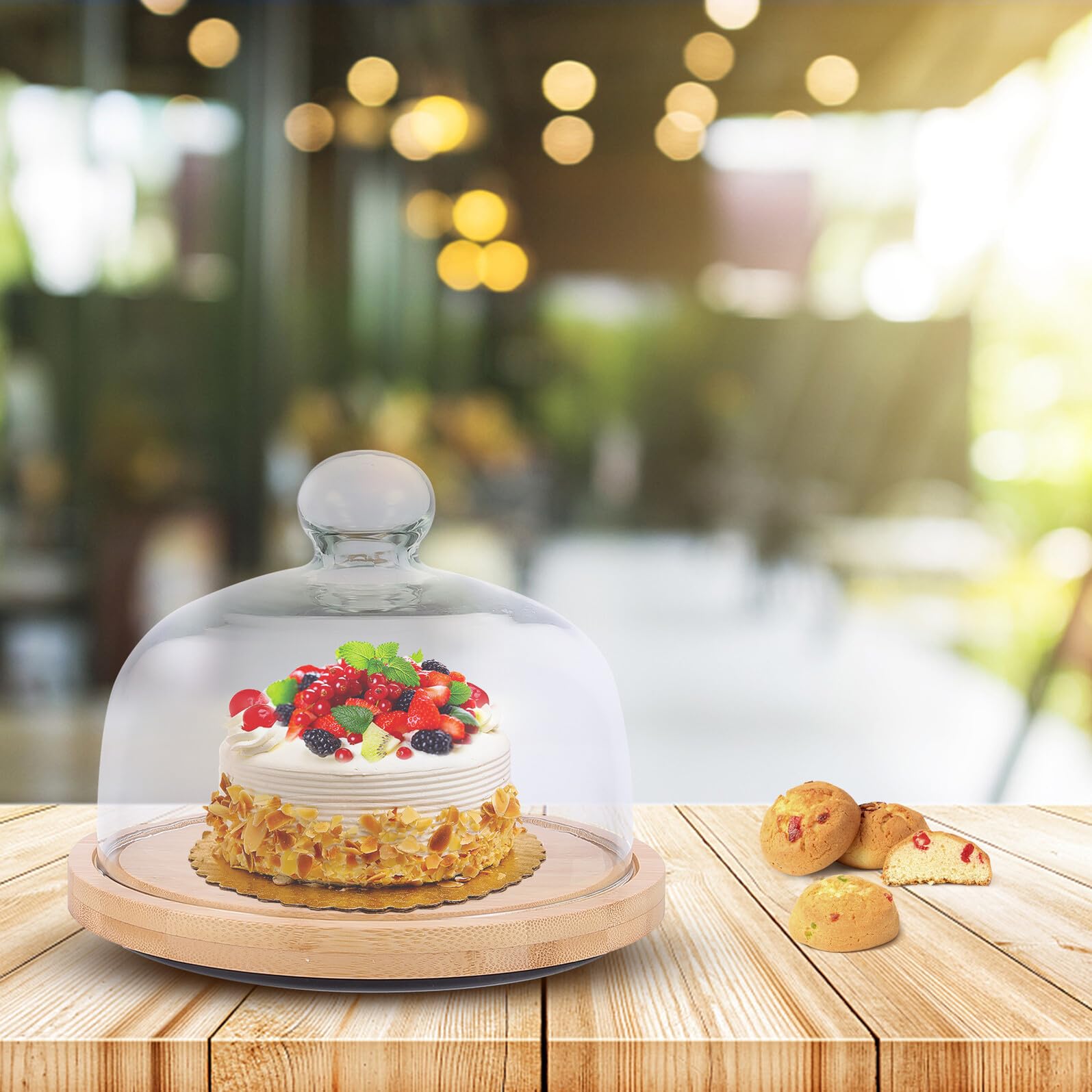 Drehbare Runde Kuchenplatte und Holztablett Tortenplatte mit Glasdeckel Praktisches Serviertablett mit Abnehmbarem Deckel für Kuchen und Snacks für Dessertpräsentation