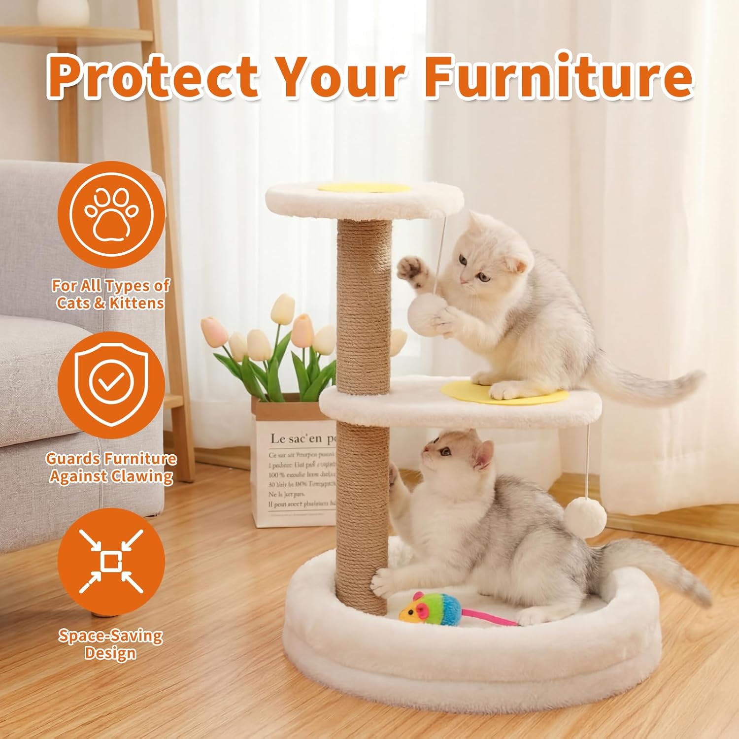 Cat Tree for Indoor Cats, 20.47" H, Easy to Assemble Kitten Scratching Post with Stable Base, Cozy Bed, Sisal Cat Tower with Hanging Ball Toys for Kittens and Small Cats