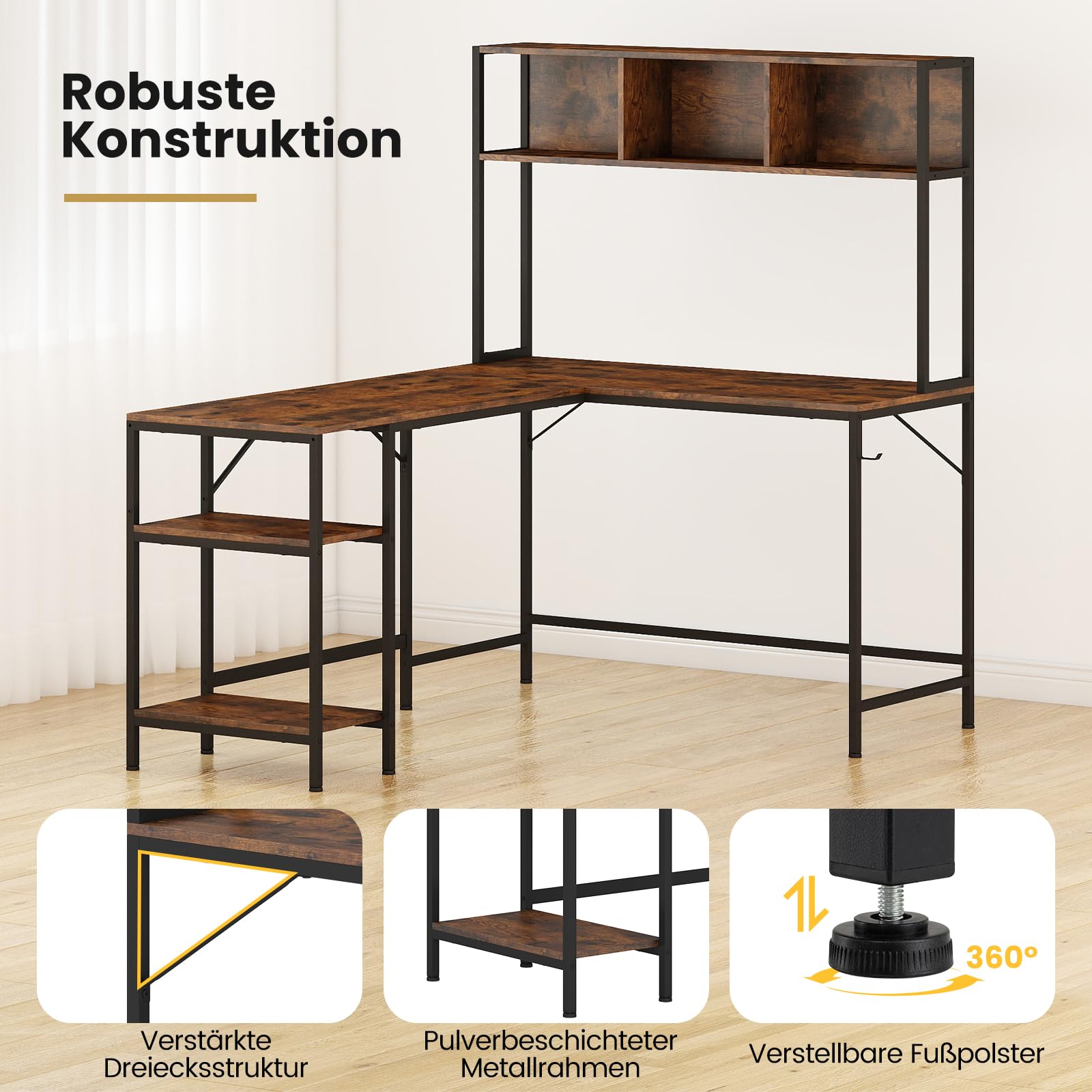 COSTWAY Biurko narożne w kształcie litery L z półkami i haczykami, duże biurko komputerowe 150 x 120 cm z regałem na książki, stół gamingowy z metalową ramą do domu i biura