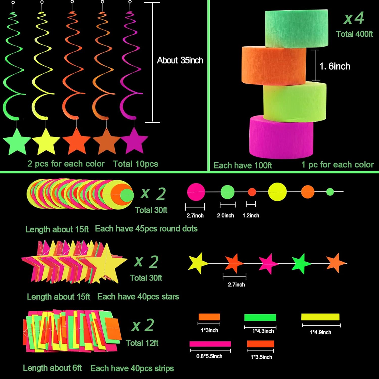 508feet Paper UV Neon Garland Black Light Neon Streamers Glow in The Dark Party Supplies for UV Blacklight Reactive Fluorescent Wedding Birthday Neon Party Supplies and Decorations - Image 3