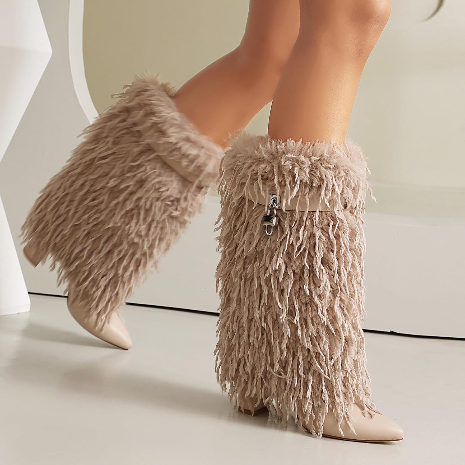 AIJIVOU Women Fold Over Faux Fur Mid Calf Boots Chunky Heel Point Toe Shark Boot Fashion Pull On Short Booties with Padlock - Image 5