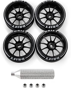10 Spoke Rc Drift Wheels & Tires for 1/24 1/28 Wltoys, [2N+2W] 4 Pcs Aluminum Alloy Rims with Rc Drift Car Tires for 1/24 1/28 Mini-Q HGD1 HGV1 Upgrade Parts Black with Logo Tires