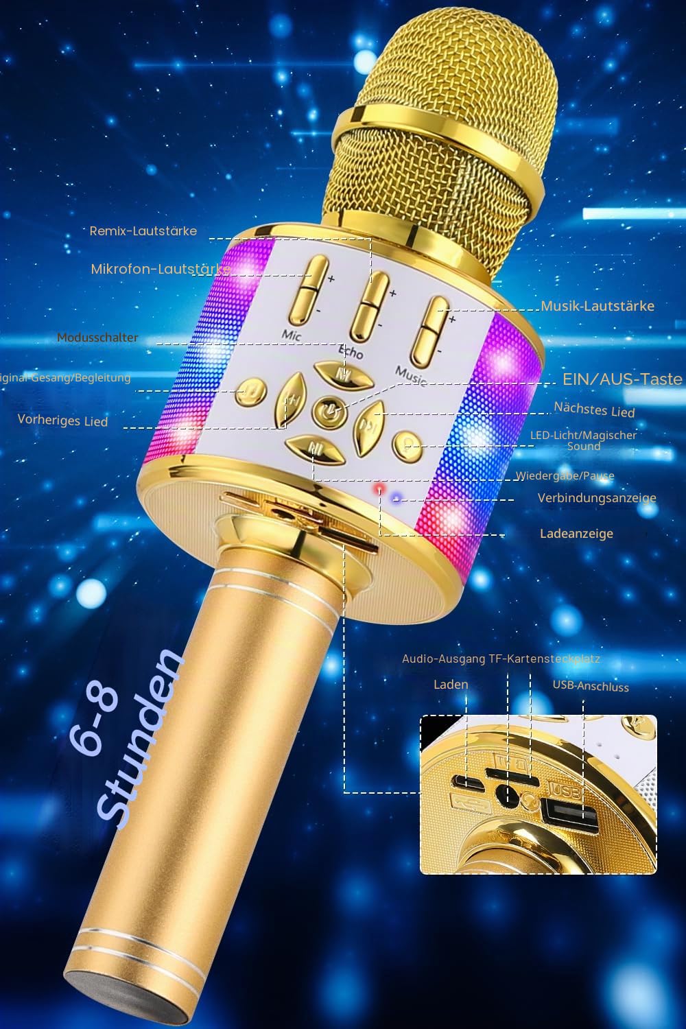 BONAOK Kabelloses Bluetooth-Mikrofon, Kindermikrofon mit LED-Lichtern, Mini-Karaoke-Maschine für Party/Zuhause/Geburtstag, kompatibel mit Bluetooth iOS Android (Gold)