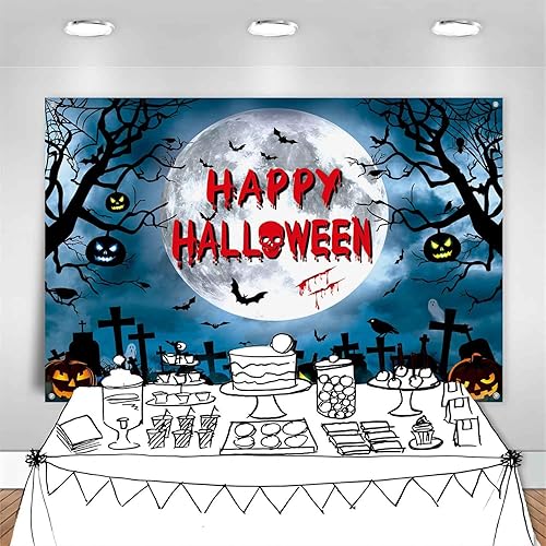 Miniatura 6 de Telón de fondo de Halloween de 7 x 5 pies, luna azul, fondo de Halloween para fotografía, noche de terror, decoración de fiesta de Halloween,