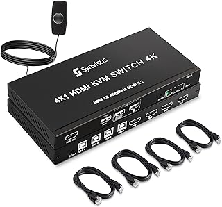 HDMI KVM Switch 4 Port Box, 4Kx2K@60Hz/30Hz/1080P, 4 in 1 Out HDMI & USB KVM Switcher 4 PCs Sharing 1 HD Monitor and 3 USB Devices Keyboard Mouse Printer, with 4 USB & HDMI Cables