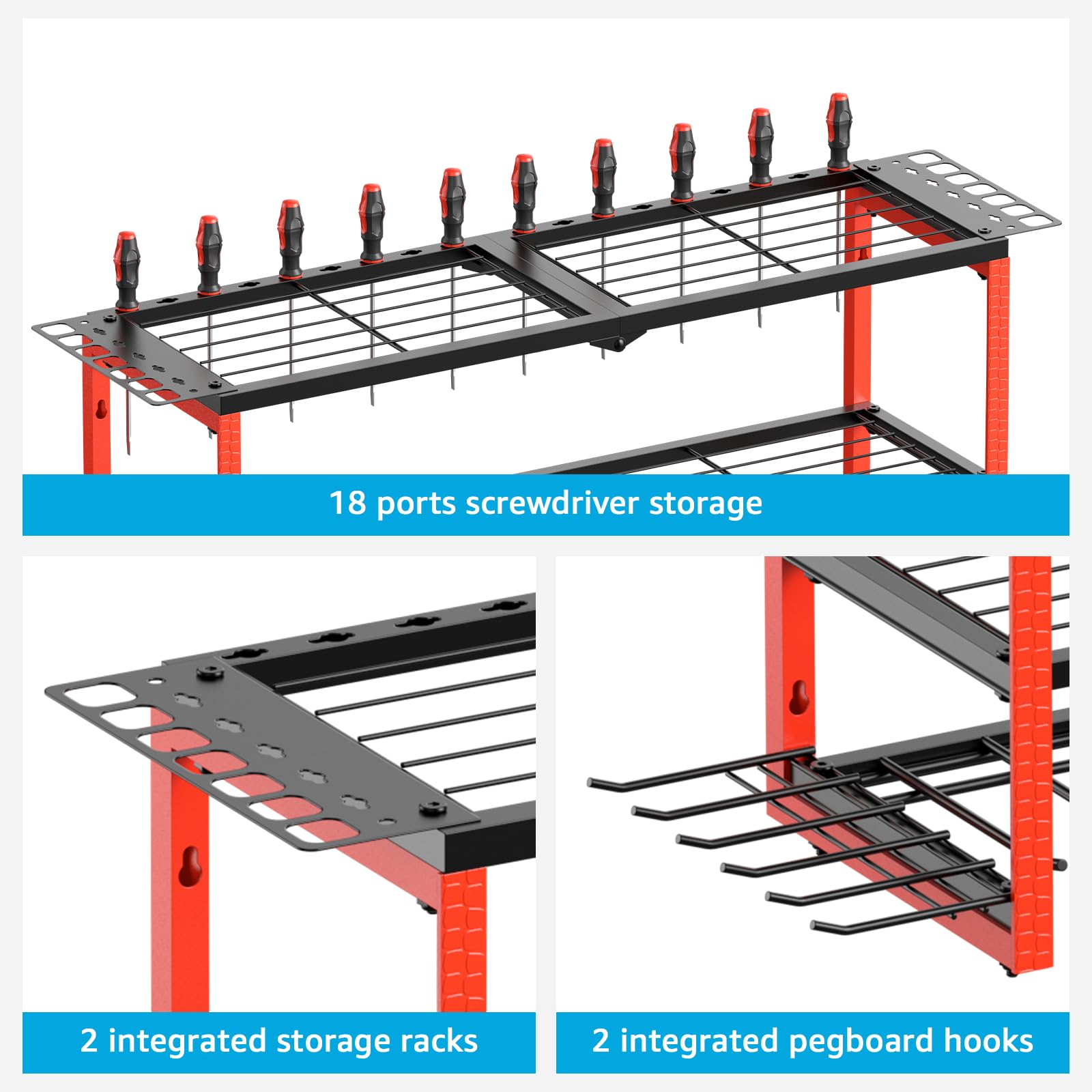 CCCEI Power Tool Organizer Wall Mount, Large 3 Layer Garage Storage Shelves and Organization, Heavy Duty Metal Drill, Battery, Tools Box Holder Rack, Gifts for Men, Red.