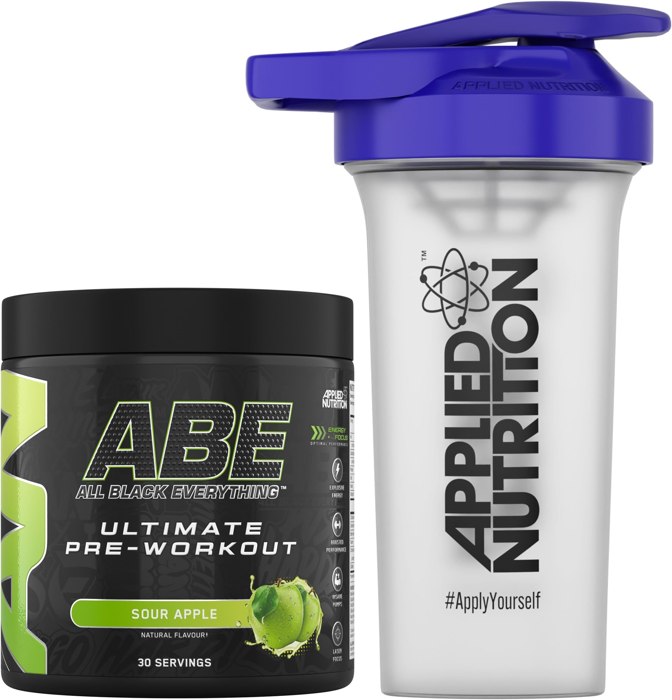 Applied Nutrition Bundle ABE Pre Workout 315g + 700ml Protein Shaker | All Black Everything Preworkout Boosts Energy & Performance with Citrulline, Creatine, Beta Alanine (Sour Apple)