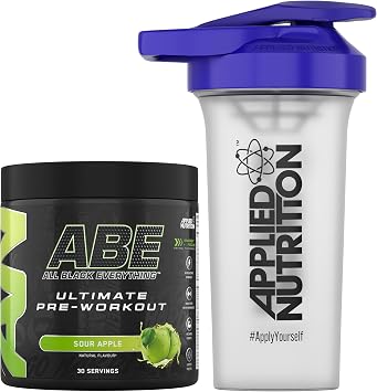 Applied Nutrition Bundle ABE Pre Workout 375g + 700ml Protein Shaker | All Black Everything Pre Workout Powder, Energy & Physical Performance with Creatine, Beta Alanine Sour Apple