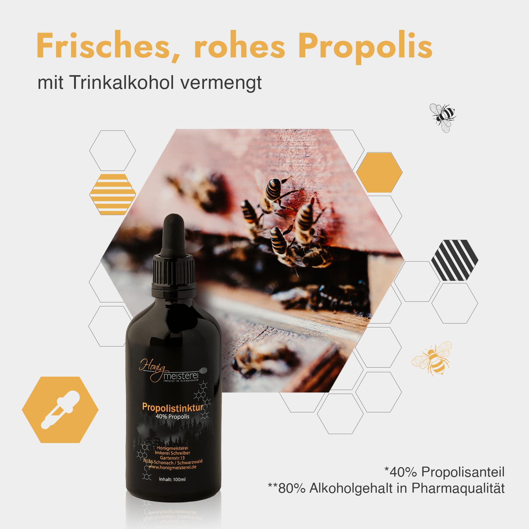 Honigmeisterei Propolis Tinktur 100ml mit 40% natürlichem Propolis, hochdosiert aus Schwarzwälder Imkerei, Tropfen ohne Zusatzstoffe, für die innere oder äußere Anwendung